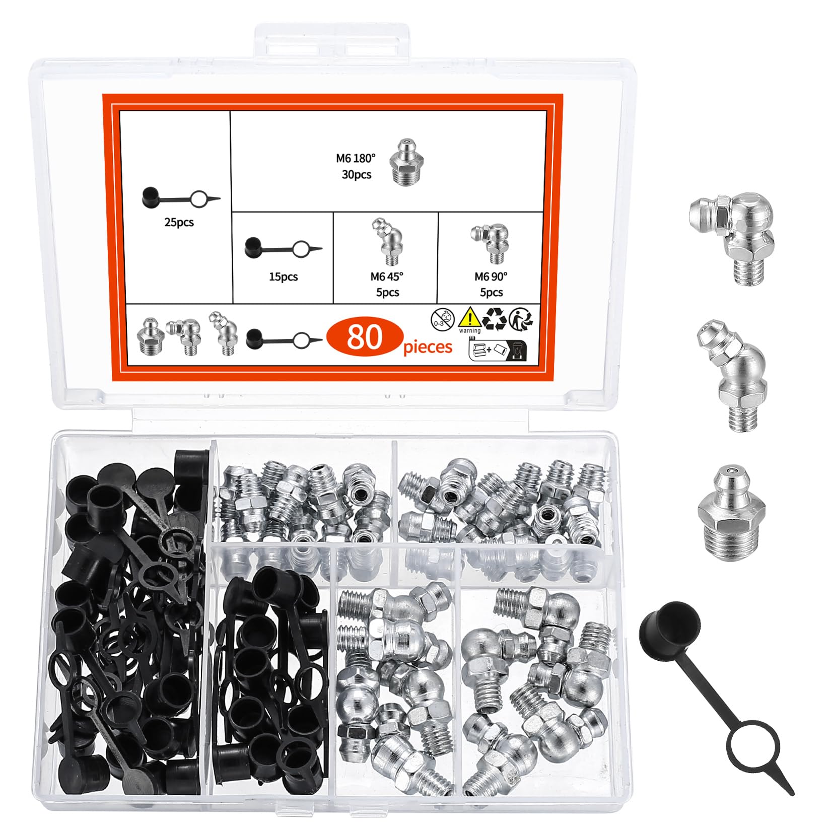 80 Piece Grease Nipple Assortment Set for Grease Gun, M6 Tapered Lubrication Nipple for Lubricators, Straight Angled 45° 90° 180° Hydraulic Grease Nipple Taper Nipple, Includes 40 Grease Nipple