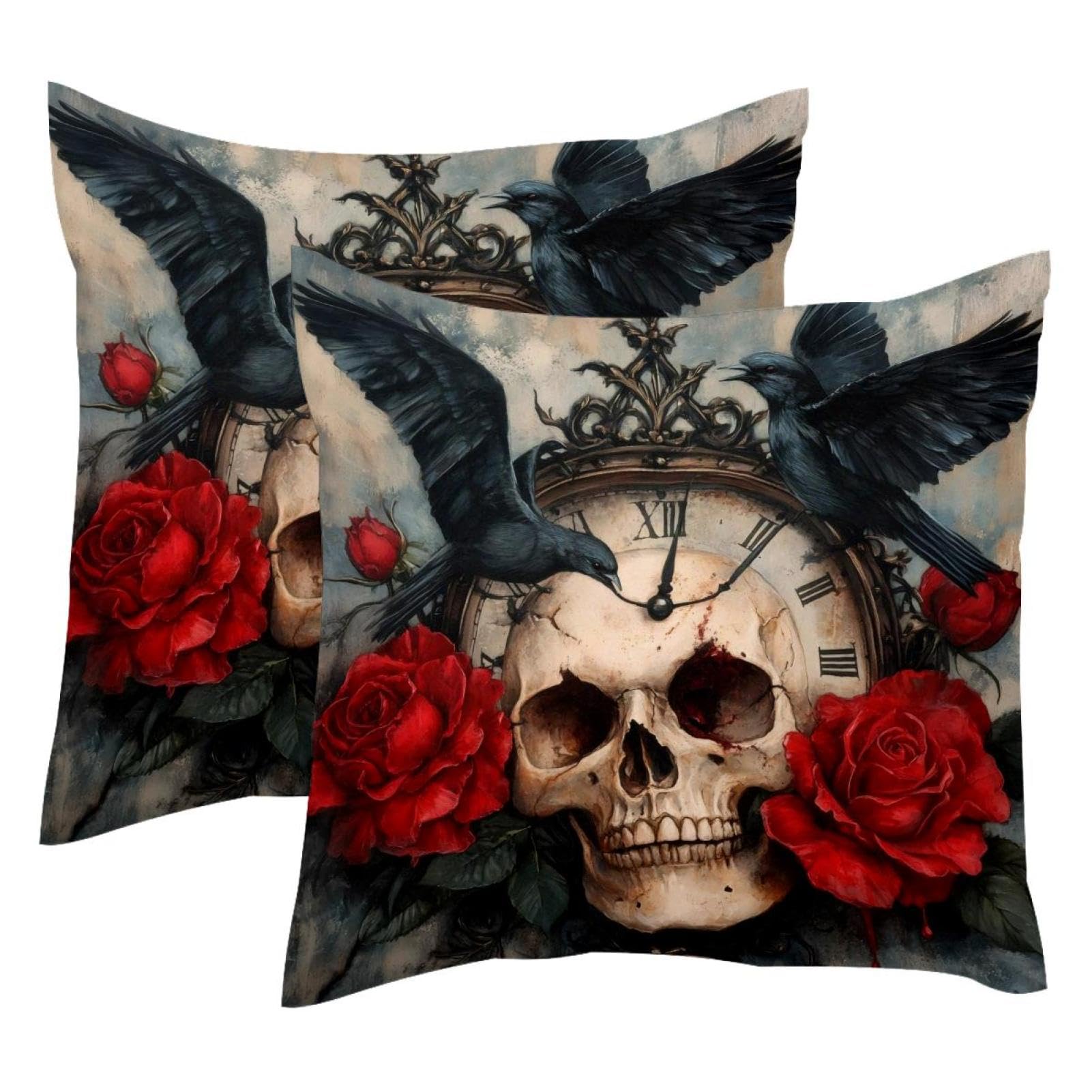 Fundas cojín cuervo negro 50x50 terciopelo calavera rosas vintage