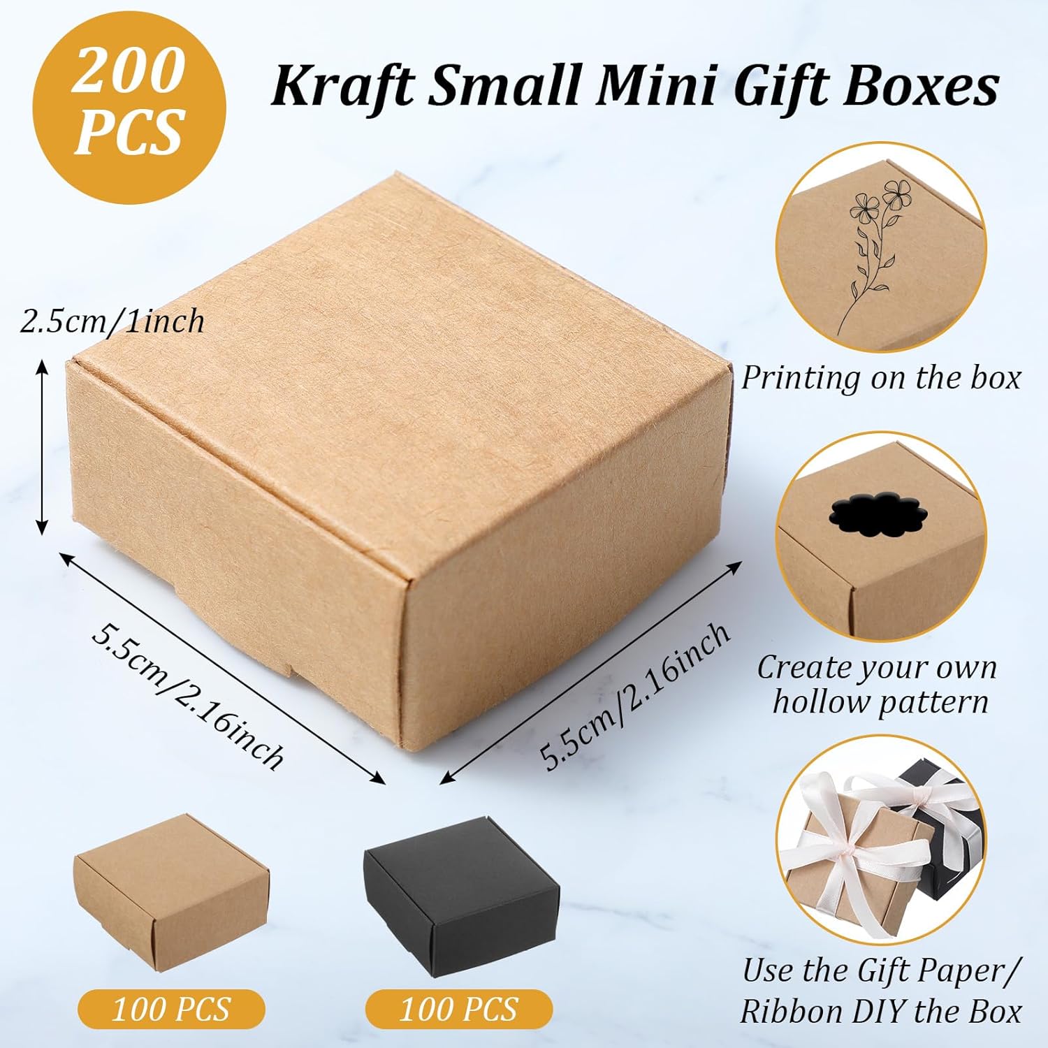 HOFURME 200 Pcs Mini Cardboard Boxes with Lid, Small Cardboard Boxes for Crafts, 2.16''x2.16''x1'' Tiny Box Bulk for Jewelry Earrings Ring Party Favors (Black & Brown)