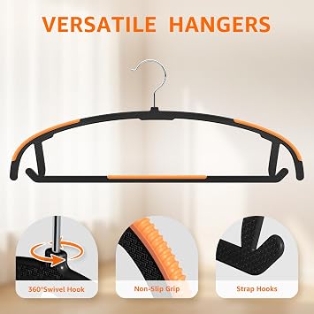 Yolife Plastic Clothes Hangers 10 Pack with Non-Slip Pads, 17.5 L 8.3 H Heavy Duty Hanger with 360 Swivel Metal Hook, Slim Space Saving Hangers for Closet Organizer, Black & Orange