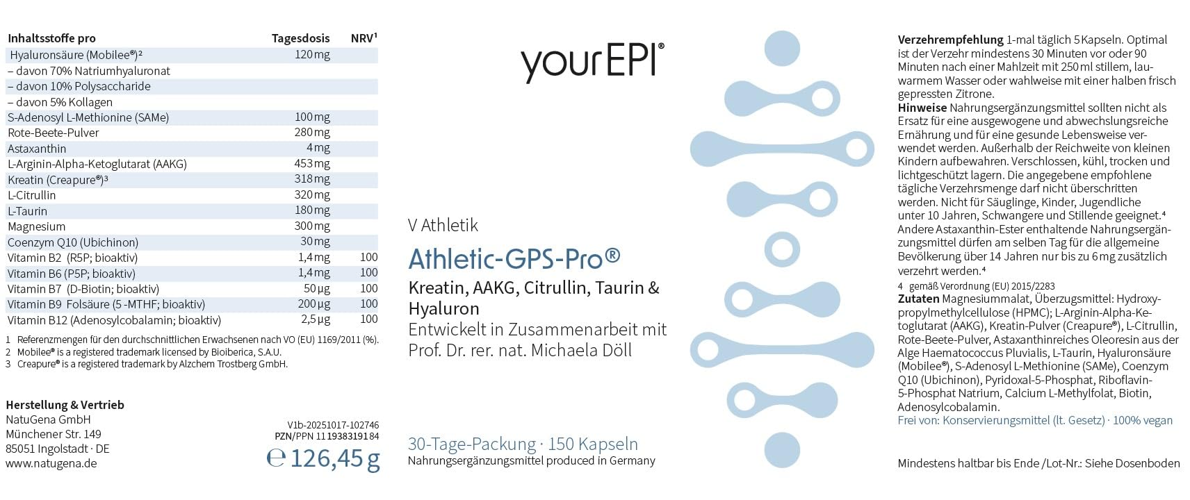 NatuGena Athletic-GPS-Pro Sport, Workout, Kreatin, Citrullin, Taurin, Hyaluron, B-Vitamine (B6, B2, B12), Magnesium, 150 Kapseln (30 Tage Packung)
