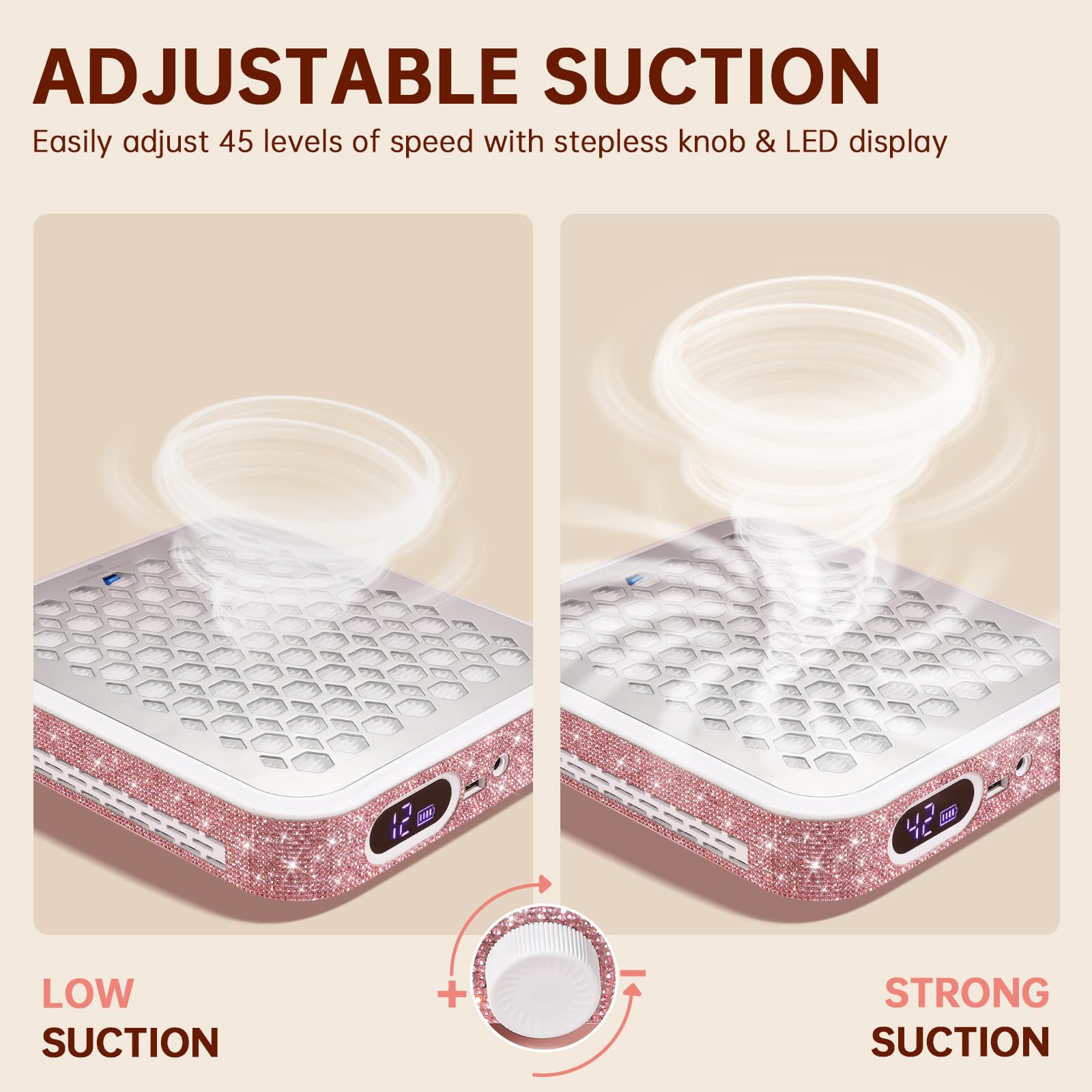 Aspirador De Polvo De Uñas Recargable 800pa, Extractor Inalámbrico Profesional con Motor Brushless, Ventilador Potente para Manicura Gel Y Acrílico Pink-Rhinestone