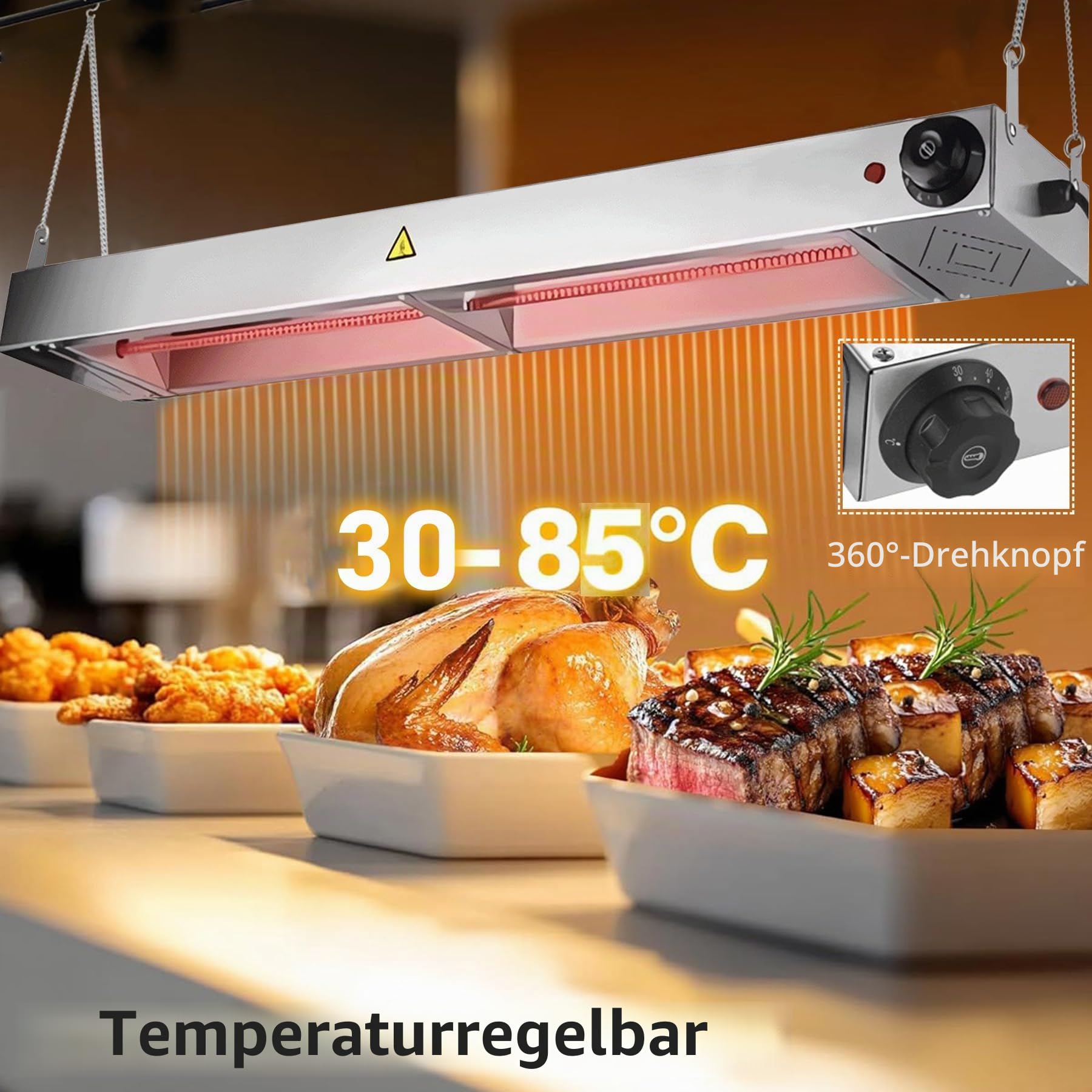 Wärmelampe Küche Gastro, Edelstahl Hängende Speisenwärmer Lampe (60CM) | Kommerziell Lebensmittel Wärmelampe für Buffet und Hotels, Einstellbarer Temperatur 30-85℃