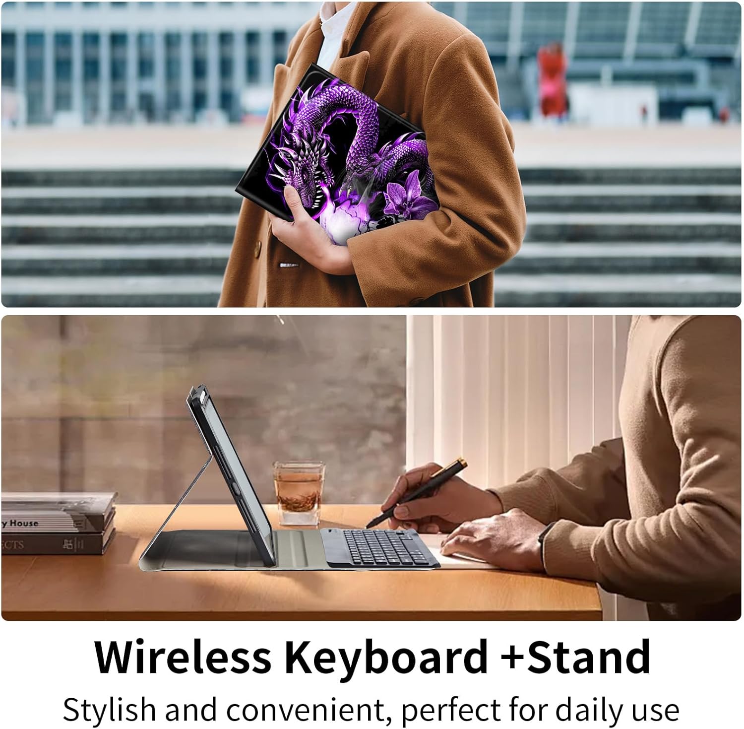 Keyboard Case for iPad 9th/8th/7th Generation, for iPad 10.2/iPad Pro 10.5"/iPad Air 3rd Gen Case with Keyboard and Pencil Holder, Rugged Rotate Stand Cover Case with Clear Back, Purple Dragon Skull