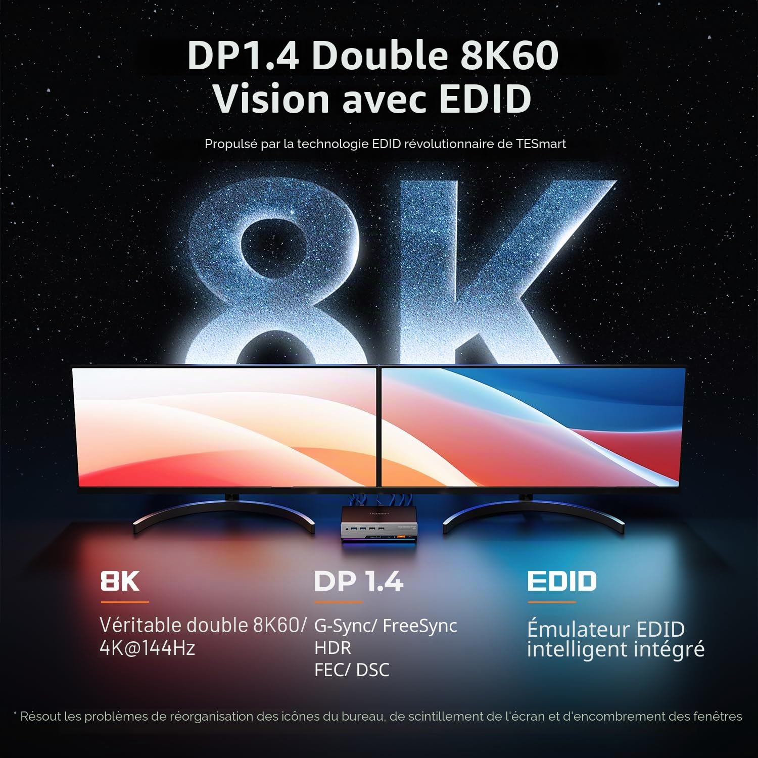 TESmart 8K@60Hz Displayport KVM Switch 2 PC 2 Moniteurs, USB 3.0 DP 1.4 Commutateurs KVM Double écran 4K@144Hz pour Gaming Dock, émulation EDID, Réseau Gigabit, Commutation Hotkey, Micro Audio