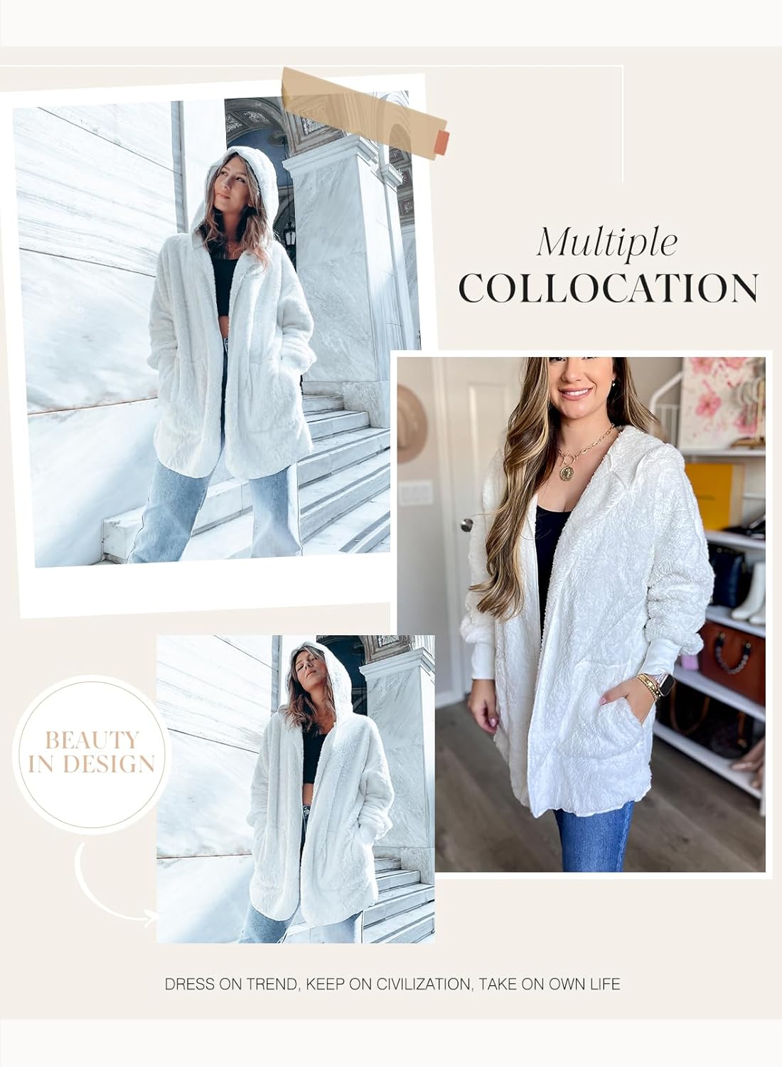 Dokotoo Womens 2025 Winter Long Sleeve Solid Fuzzy Fleece Open Front Hooded Cardigans Jacket Coats Outerwear with Pocket - Image 6