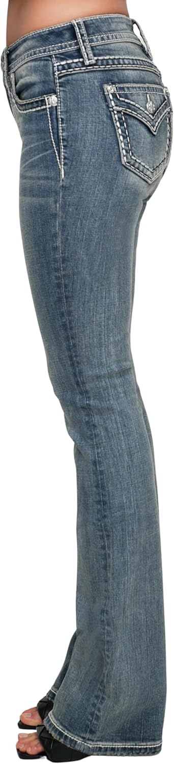 Miss Me Women's Sloane Border Stitched Faux Flap Pockets Mid-Rise Bootcut Jeans