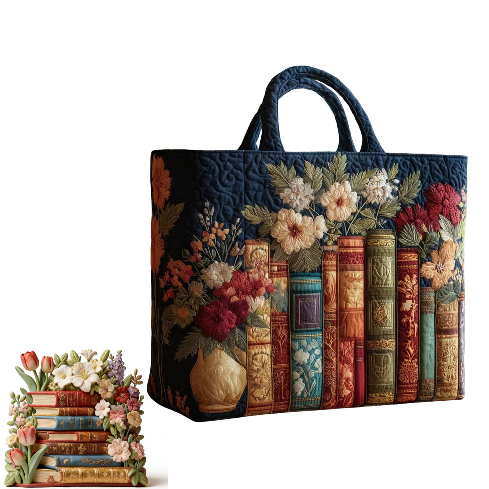 Vintage Book Quilted Tote Bag Women Lightweight Travel Bag Cotton Shoulder Tote Bag For Shopping Grocery & Beach Bag (H 1PCS)