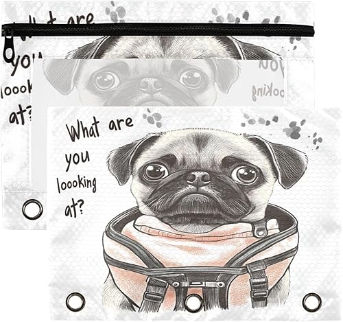 Kcldeci Estuche para lápices para carpeta de 3 anillas, lindo perro, paquete de 2 bolsas para lápices con ventana transparente con estuche con