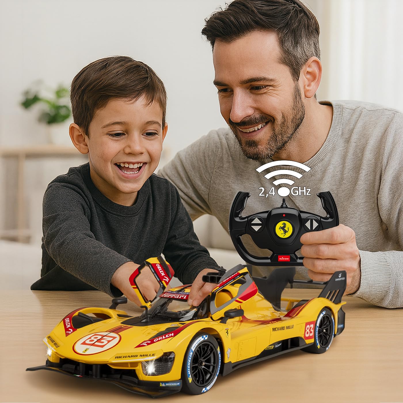 JAMARA 402262 Ferrari 499P-N83 1:14 żółty, 2,4 GHz, licencjonowany, zdalnie sterowany samochód RC z ręcznymi drzwiami, model samochodu, zabawkowy dla dzieci