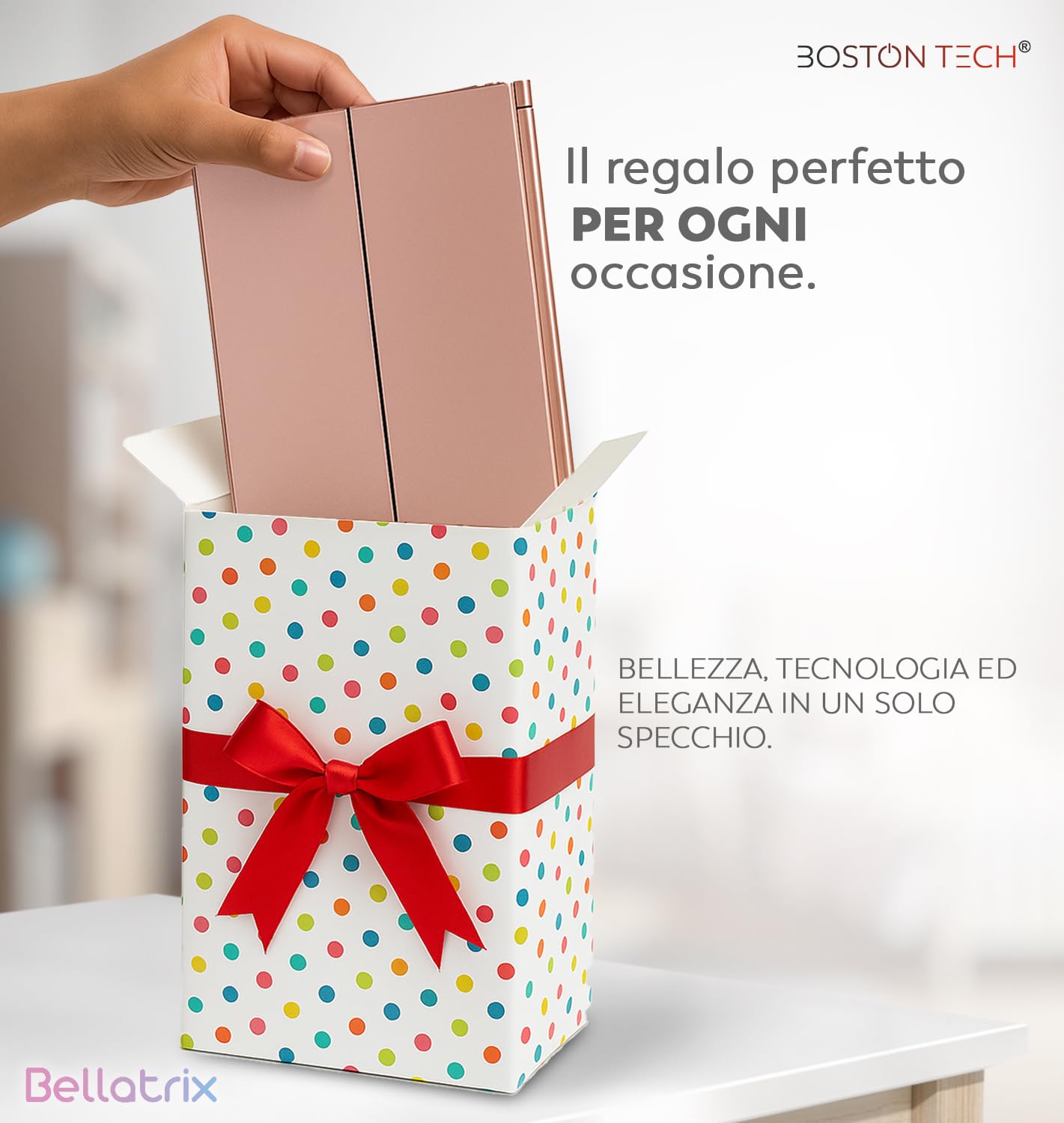 Boston Tech Specchio trucco con luce LED Bellatrix, ingrandimento 1x/2x/3x/10x, specchio pieghevole a 3 pannelli, rotazione 180°, touchscreen, doppia alimentazione e design elegante
