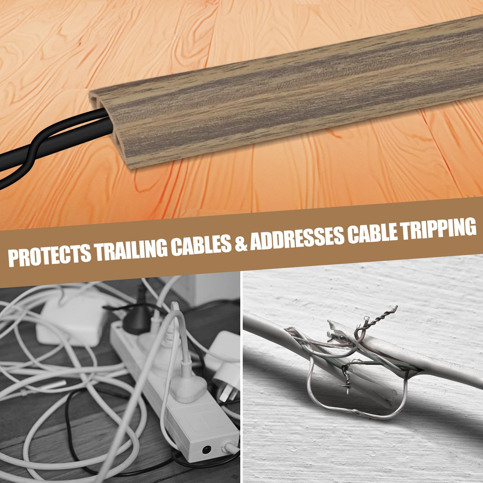 Cubierta de cable de suelo, 0.3 x 0.27 pulgadas, autoadhesiva, para suelo, 3 m, para gestión de cables de suelo, protector de cables eléctricos para oficinas, gimnasio, exposiciones, madera, marrón