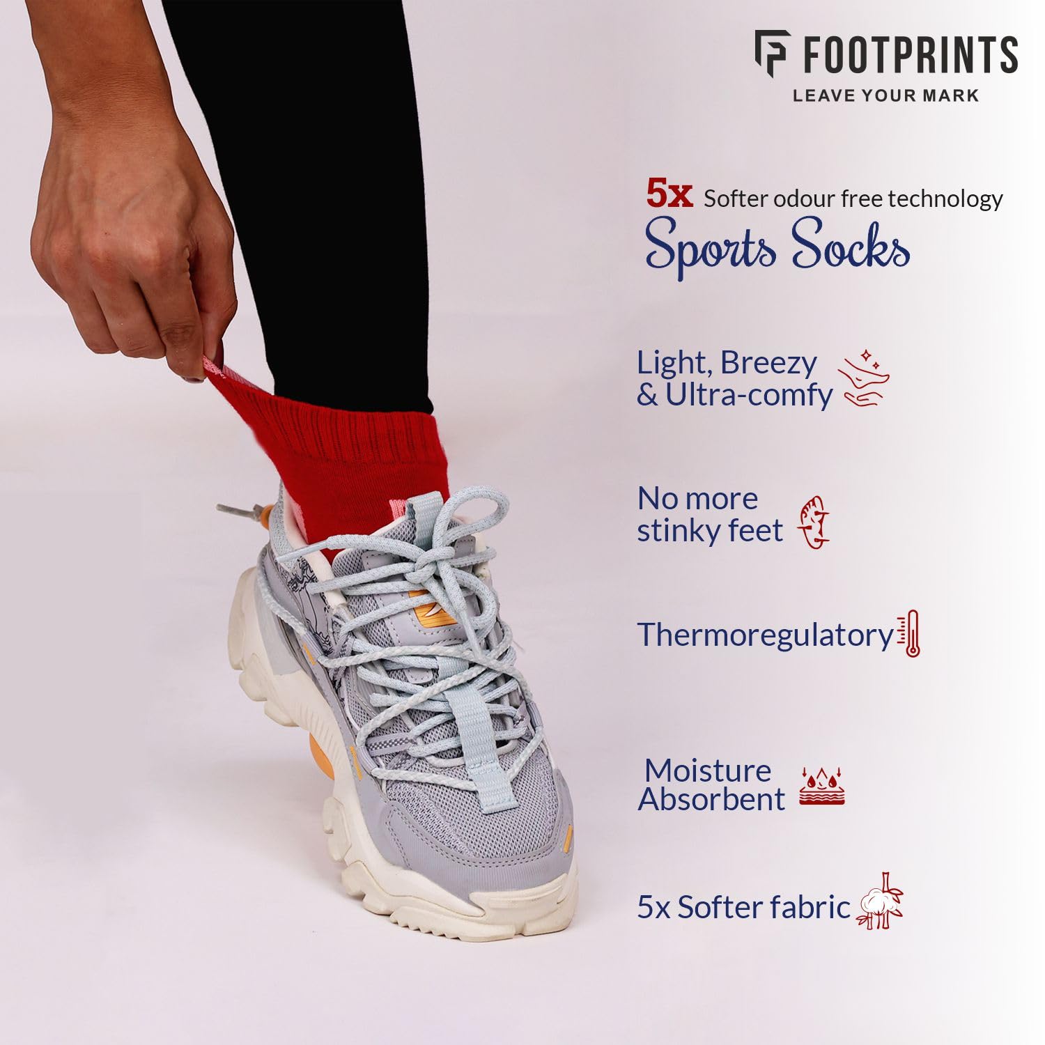FOOTPRINTS Bamboo Unisex Sports Socks for Kids | Ankle Length | Anti Odour & Breathable | Cushioned Base & Anti-Bacterial | Blue,Red & Green | 9-12 Year | Pack of 3 - Image 6 thumbnail