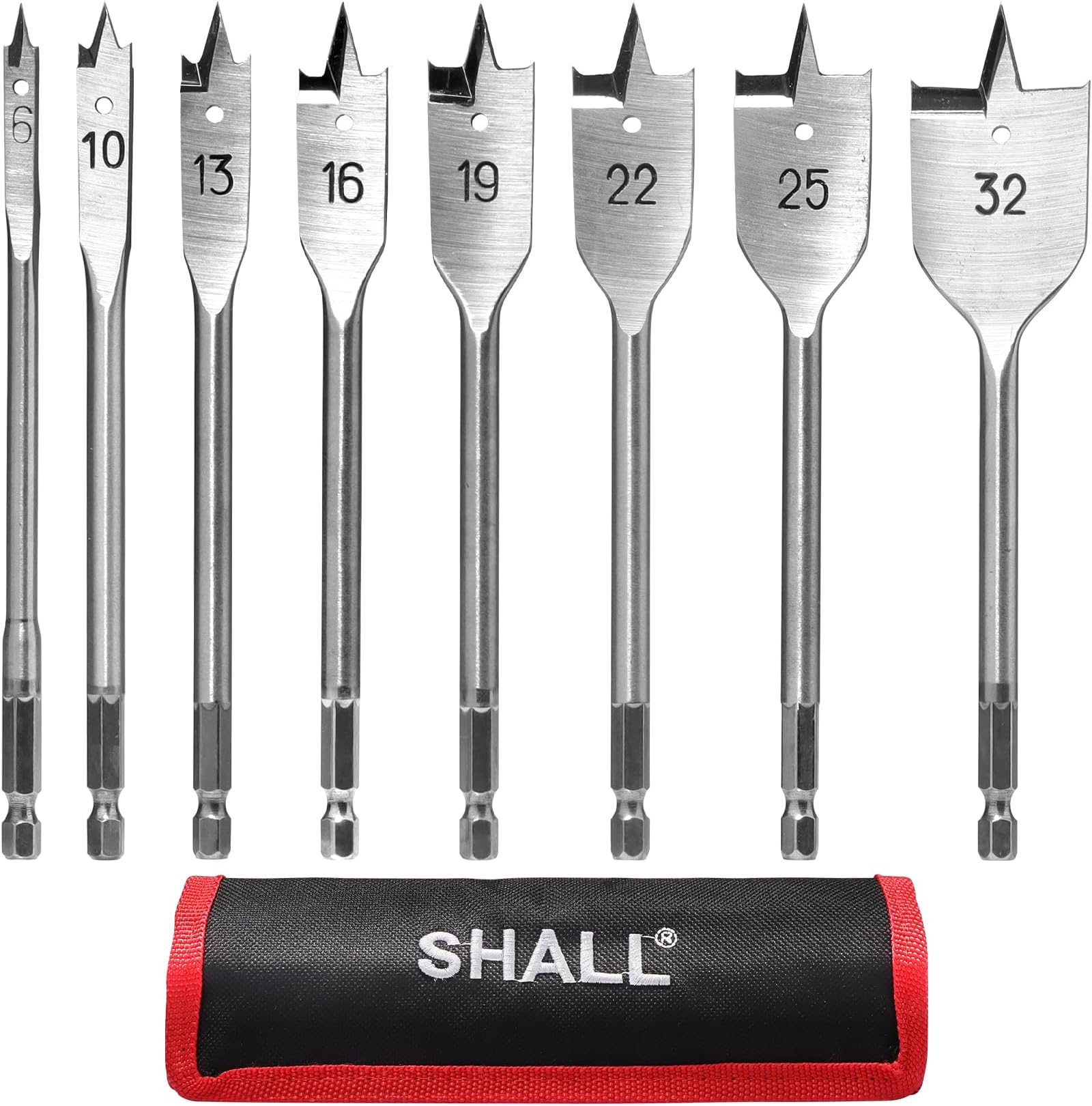 SHALL 8-Piece Wood Spade Drill Bits Set, 1/4 Inch Quick Change Hex Shank, Ø 6-32 mm, Flat Wood Drill Bit, Storage Pouch Included