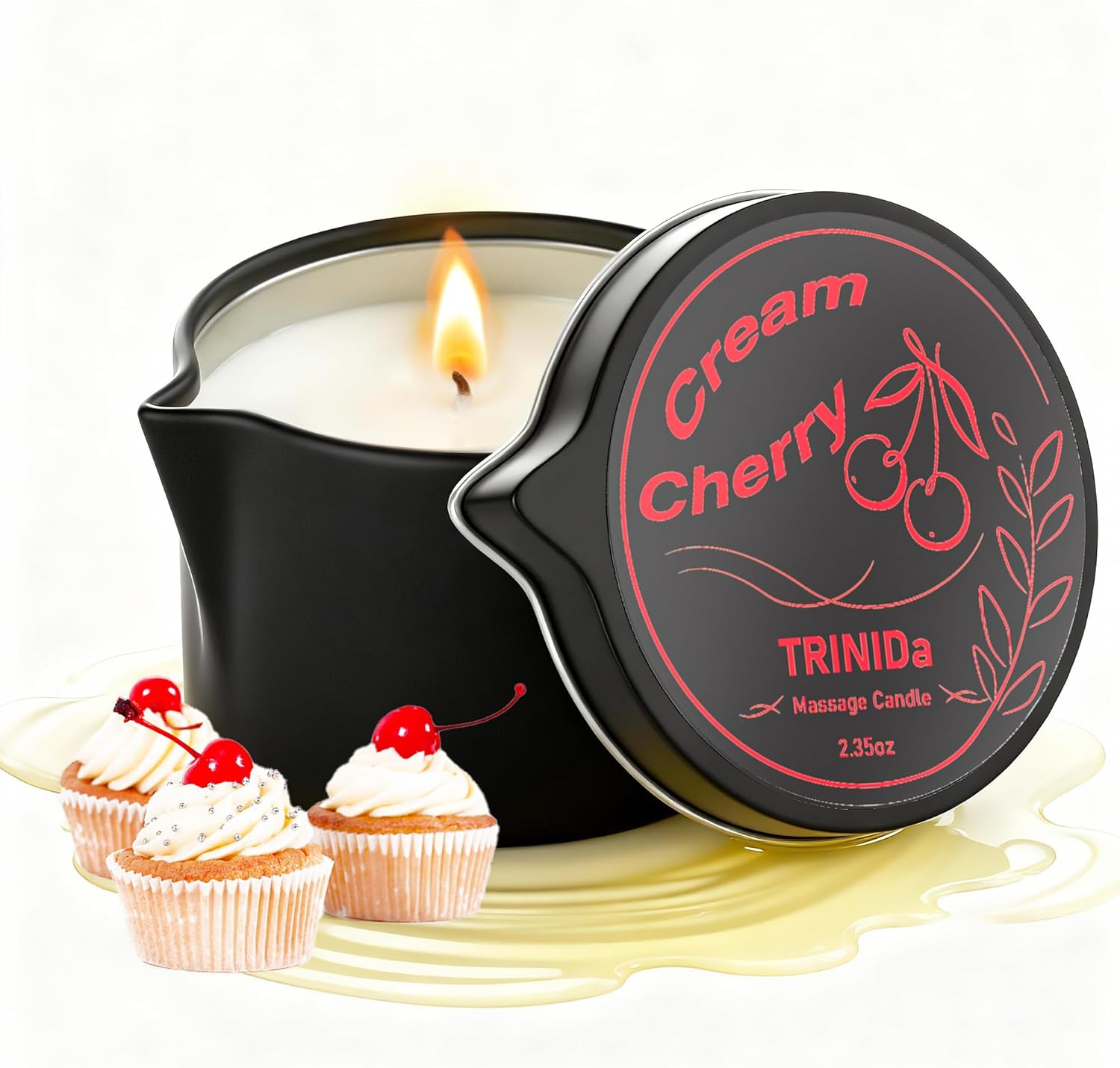 TRINIDa Low Temperature Massage Oil Candle 2.35oz - Soy Wax & Coconut Oil Blend, Moisturizes Skin,Stress Relief, Couples Massage & Home SPA, Romantic Gift Massage Scented Candle (Cream Cherry Scent)