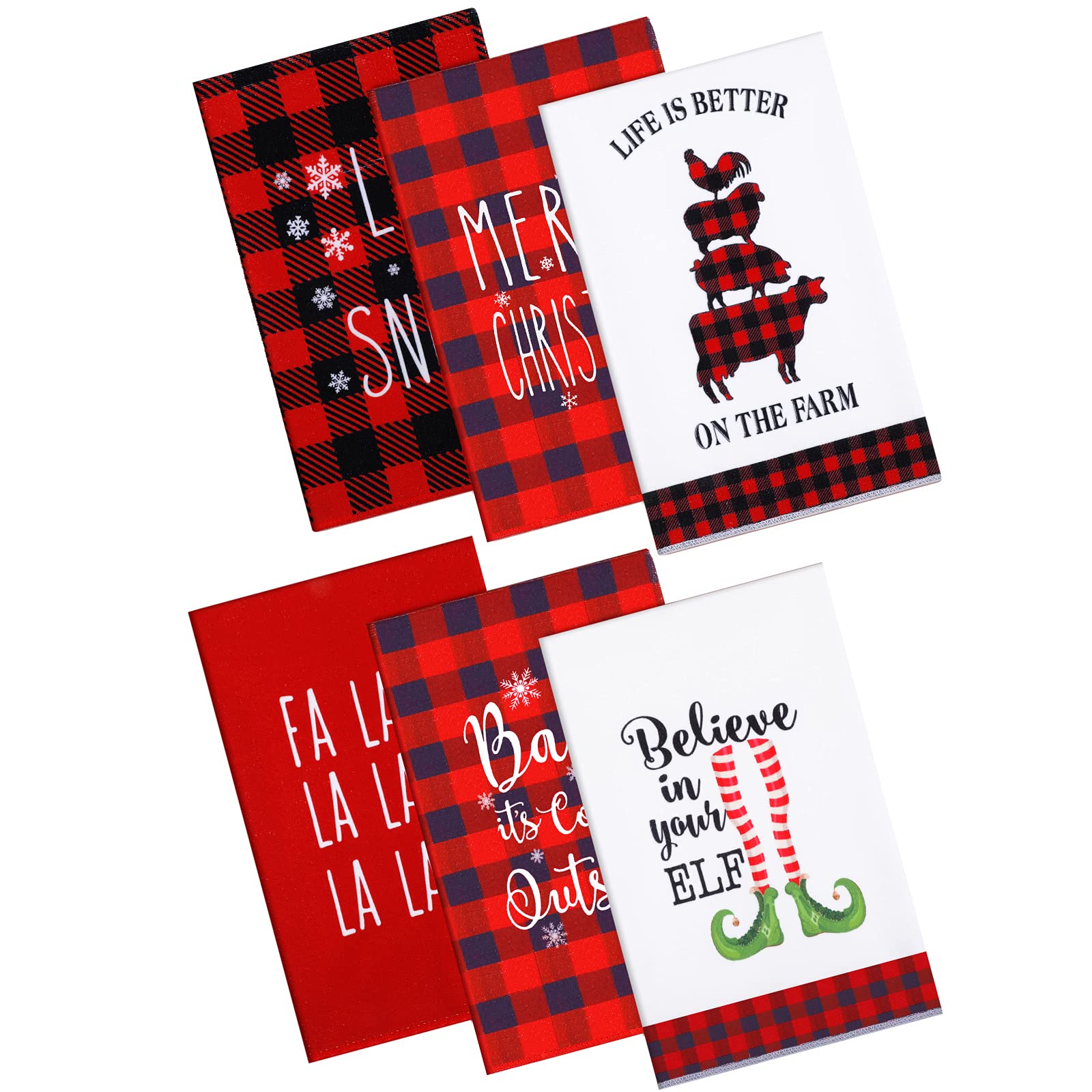 Photo 1 of 6 Pieces Christmas Kitchen Towels 27.6 x 17.7 Inch Merry Christmas Hand Towels Baby It's Cold Outside Dish Towels Xmas Fabric Wash Cloth Buffalo Plaid Dishcloth for Home Kitchen Restaurant, 6 Styles