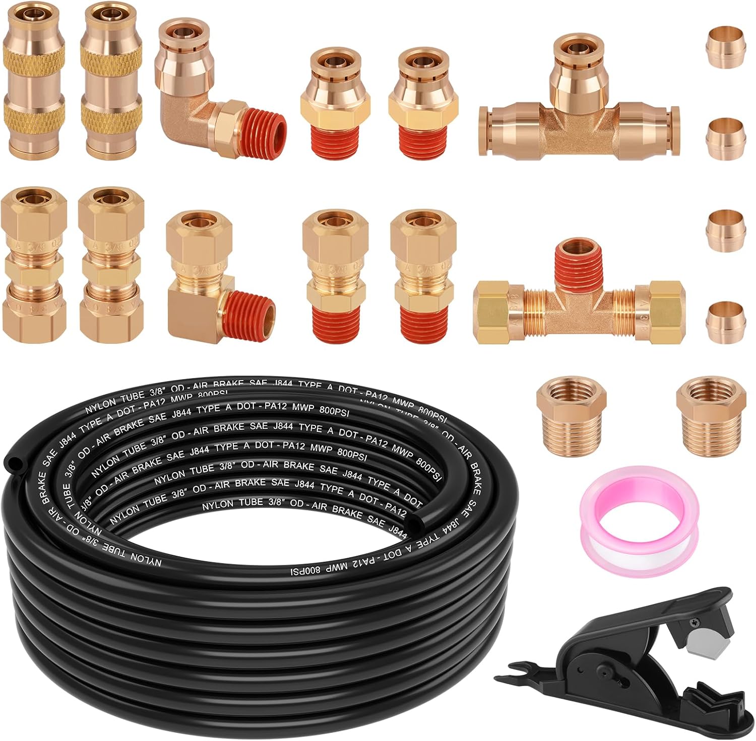 21pcs 32.8FT 3/8 Brass DOT Air Line Fittings Kit Quick Push to Connect Fittings 3/8 Inch Compression Air Fittings 3/8 SAE J844 PA12 Nylon Air Brake Line Tubing