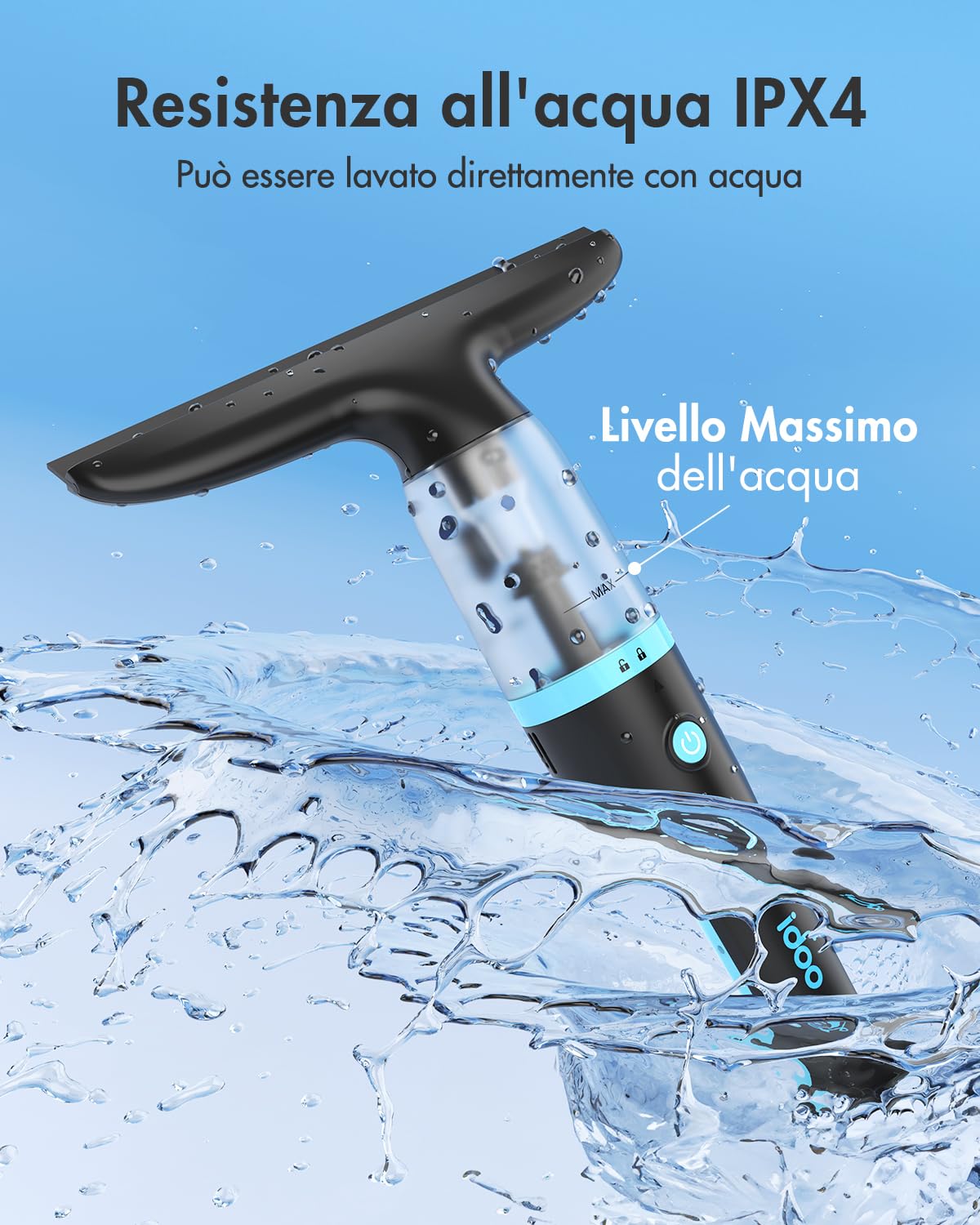 iDOO Aspirapolvere Elettrico per Vetri, Pulisci Vetri a Batteria per la Pulizia di Finestre, Specchi, Bagni e Docce, Pulisci Vetri Senza Fili, Involucro IPX4, Pulisci Vetri Elettrico, 40 Minuti