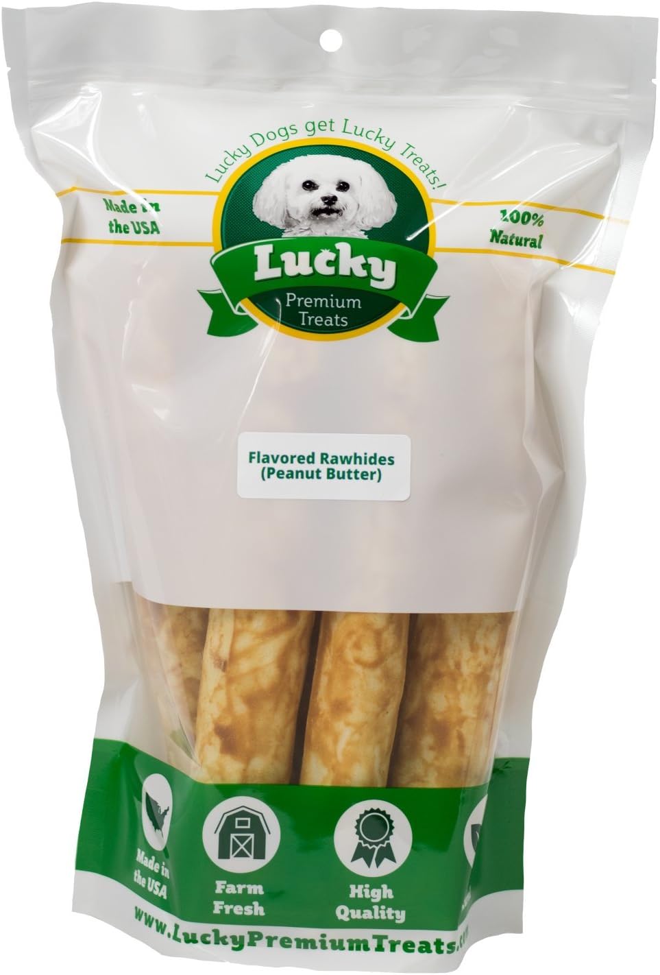 Lucky Premium Treats Peanut Butter Basted Rawhide Bull Sticks – All Natural Rawhide and Peanut Butter Dog Treats, Gluten Free Premium Large Dog Treats (6 Chews)