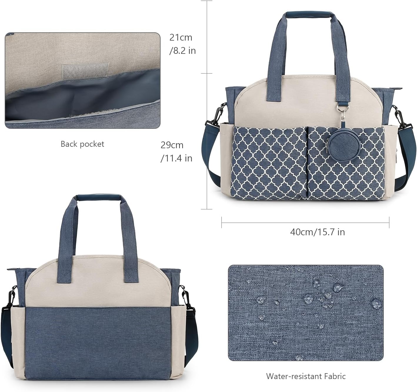 1 sac à langer fourre-tout avec station à langer, sac multifonction pour bébé avec bandoulière réglable (bleu foncé + beige)