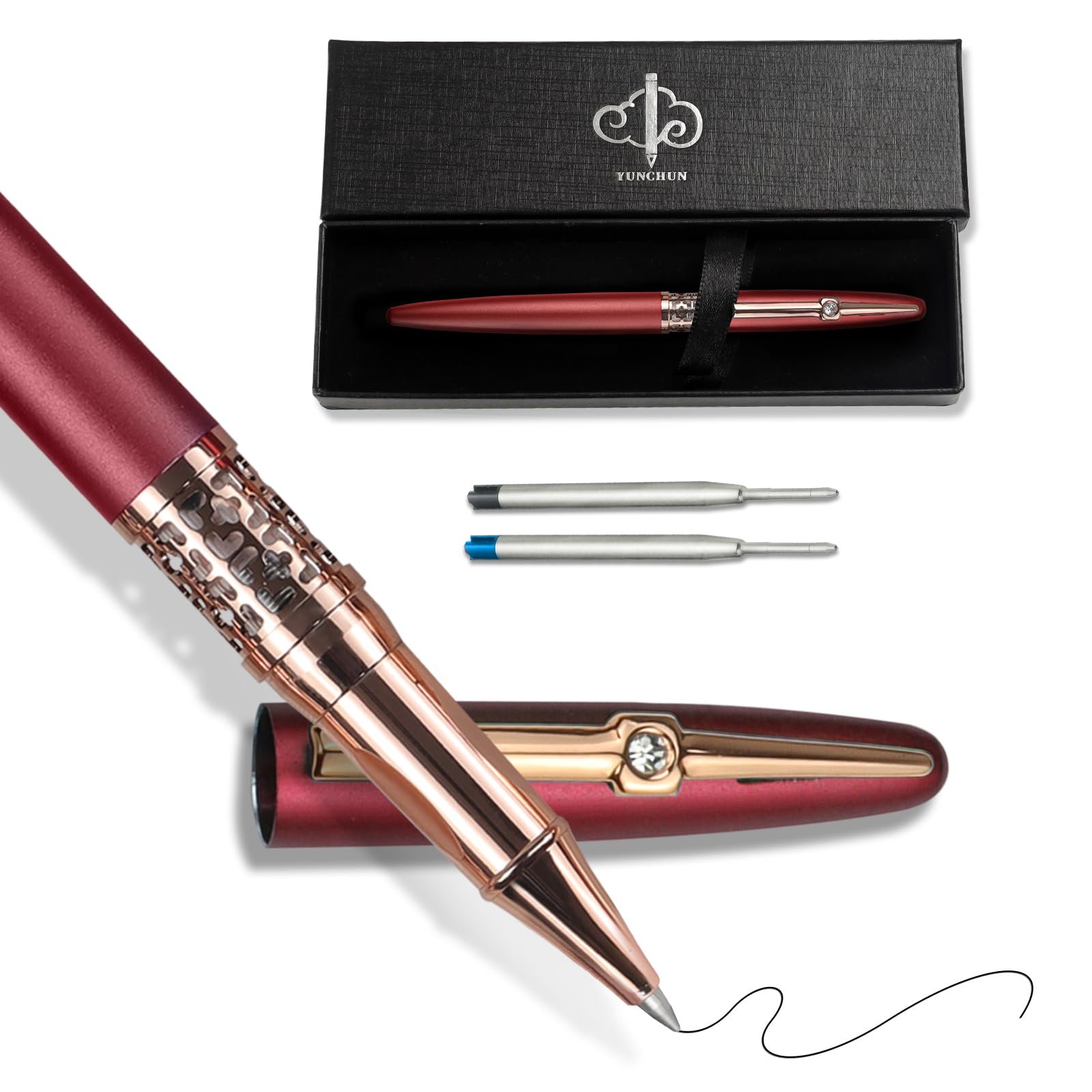 YUN CHUN Filigree Jewel Rollerball Pen with Black Ink Refill, Cool Pens for Writing, Business Metal, Best Gift Set for Men & Women, Red