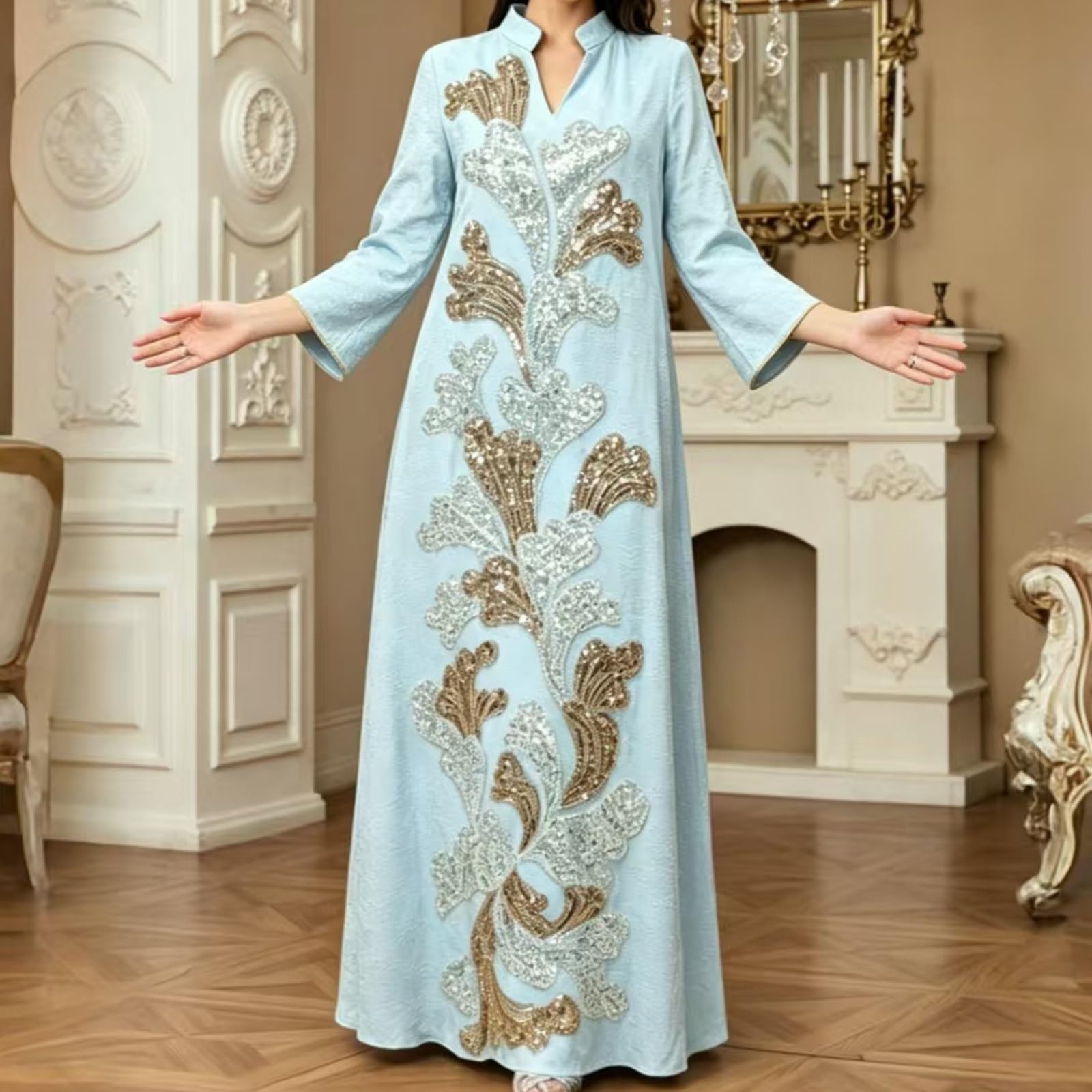 Abito Lungo Goffrato e Testurizzato, con Scollo A V e Ricamo di Paillettes Applicato sul Davanti, per Le Occasioni Festive e Le Feste