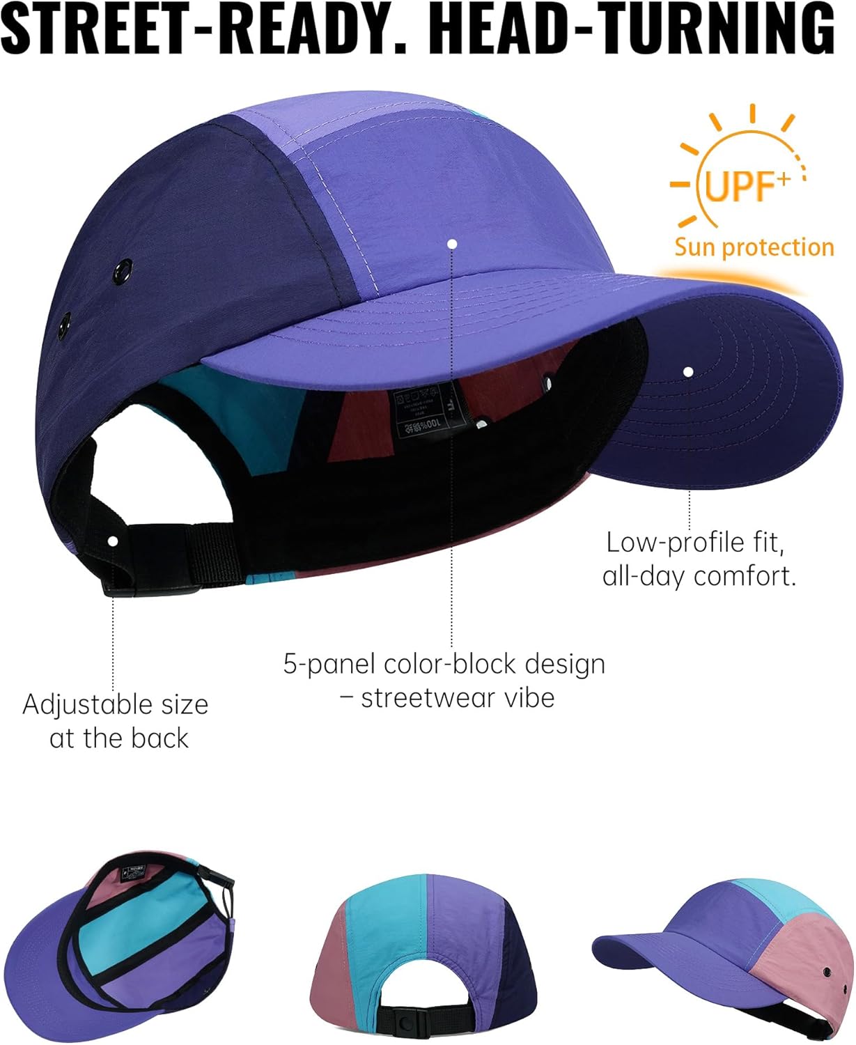 Croogo Men's 5 Panel Multi Color Baseball Cap UPF 50+ Outdoor Trucker Hats Nylon Lightweight Golf Sports Cap Visor Hiphop Cap - Image 3