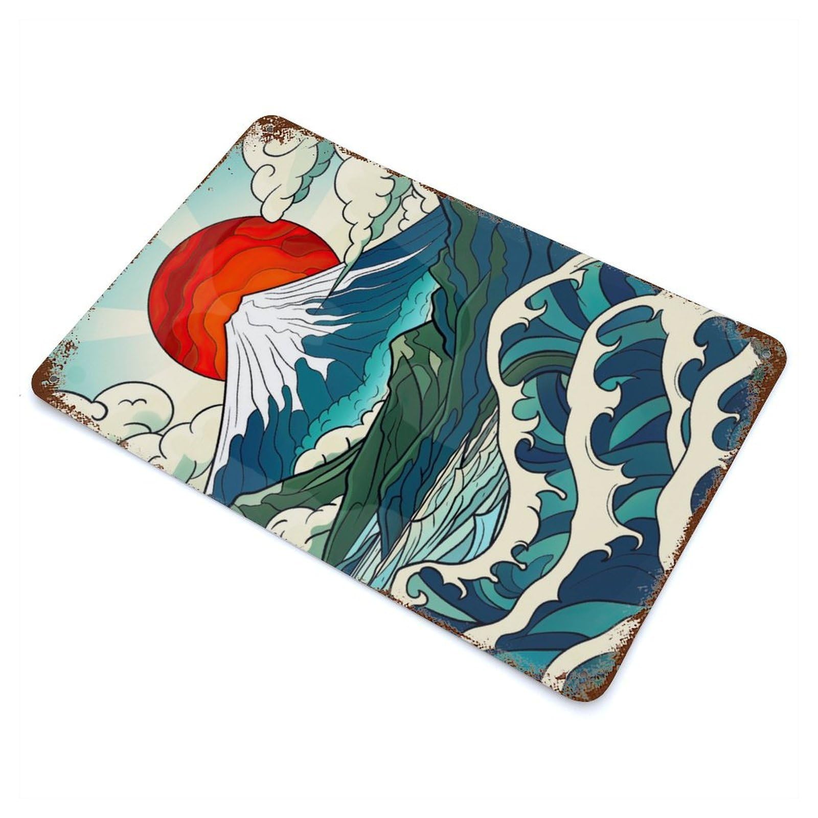 Spirit of Japan Mt Fuji 11.8"x7.9" Weathered Tin Sign, Classic Wall Plaque for Patio, Garden Room And Bar Decor