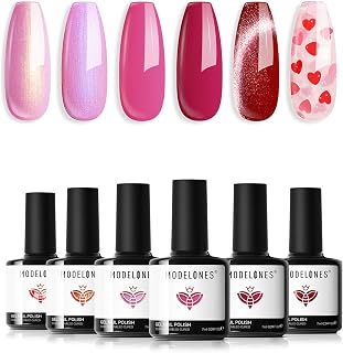 modelones Gel Nail Polish Set, 6 Colors Pitaya Hot Pink Red Cat Eye Gel Polish Mermaid Pink Red Love-heart Glitter Nail Polish with Magnet & Wooden Pen All Seasons Soak Off LED Manicure Gift for Lady