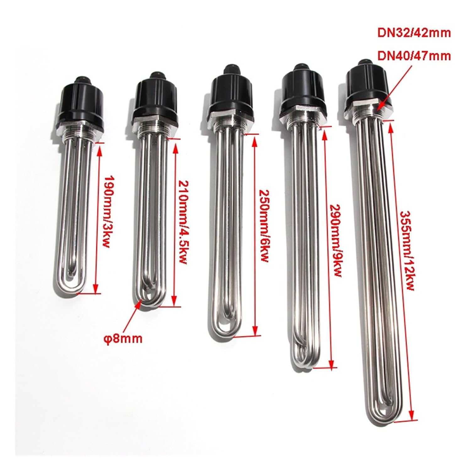 DN32 DN40 Electric Water Resistant Fast Heating 220V 380V 304SS Thread Liquid Immersion Heater 3KW 4.5KW 6KW 9KW 12KW