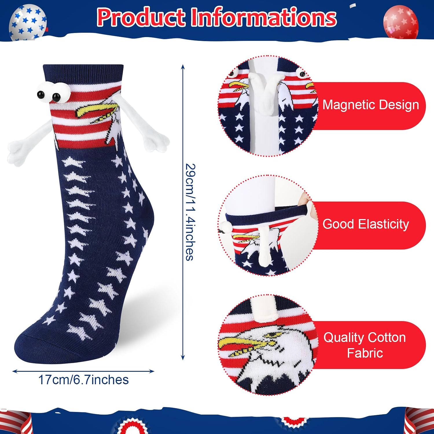 CASLON 2 Pairs 4th of July Patriotic Magnetic Holding Hands Socks Novelty Funny American Flag Socks for Men Women American Stars Stripes Socks for Patriotic Freedom Day Independence Day Gifts