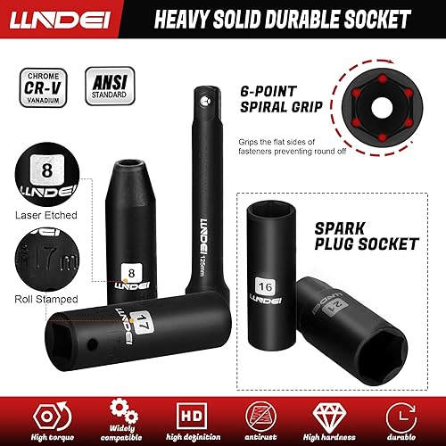 Miniatura 7 de LLNDEI Juego de llaves de vaso de 1/2 de 49 piezas y 52 piezas de llaves de impacto 1/4