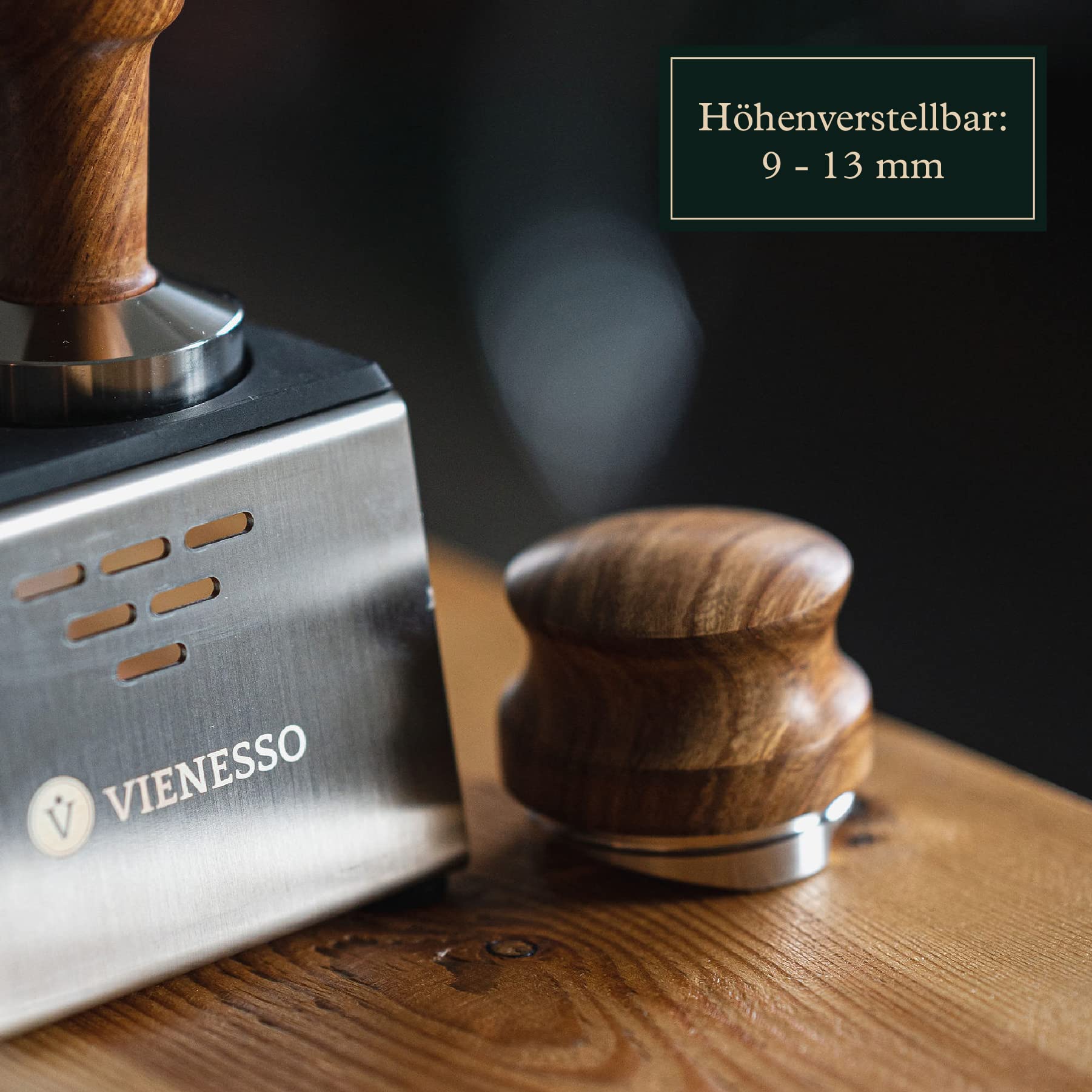 Leveler 58 mm – höhenverstellbarer Espresso‑Puck‑Distributor für Siebträger zur gleichmäßigen Extraktion, langlebiger Edelstahl und Holzgriff