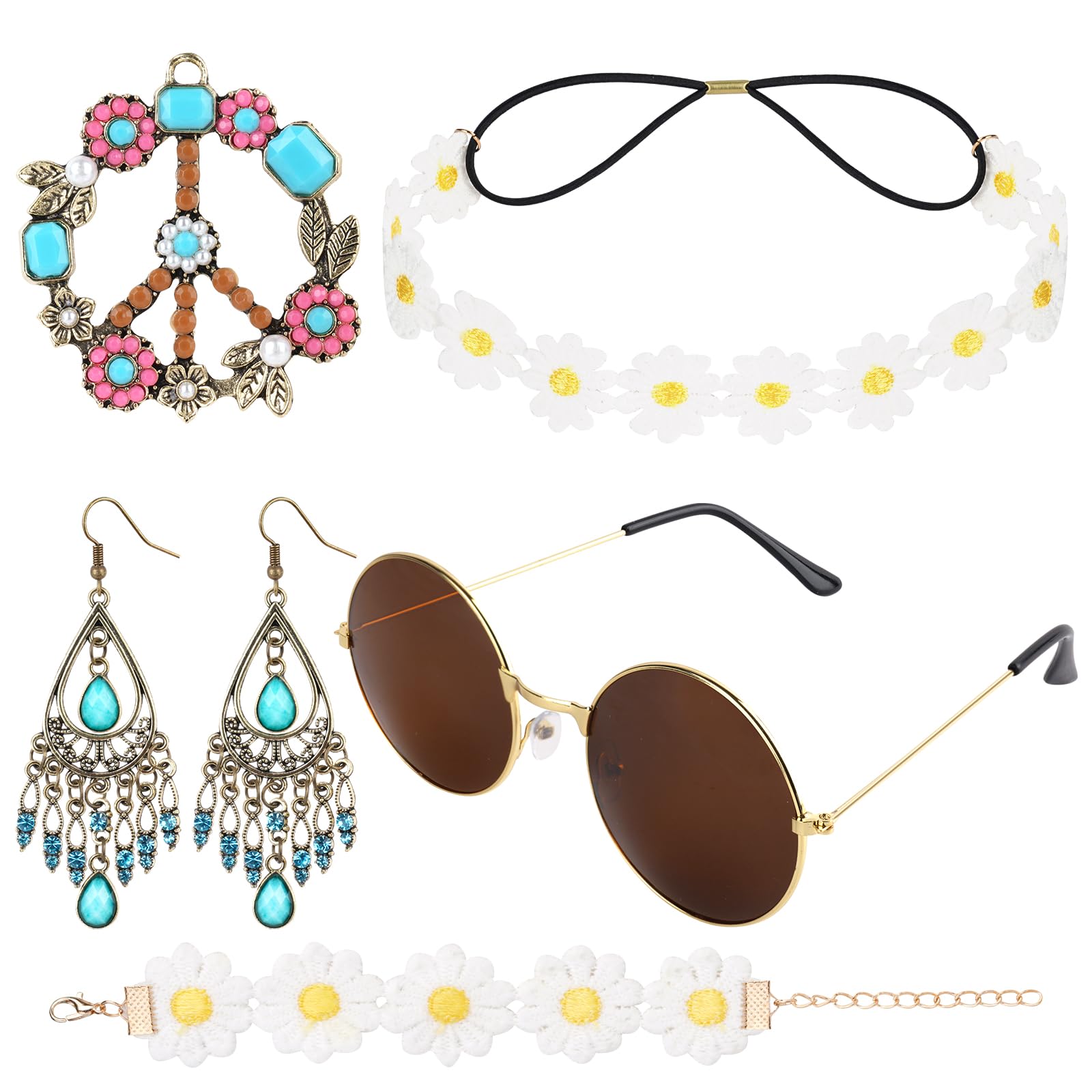AOOWU Hippie Accessories Set, 6 Pcs 60s 70s Hippy Dressing Accessory Women Supplies Star Glasses Earrings wristband and Colorful Sunflower Headband, Hippie Party Supplies