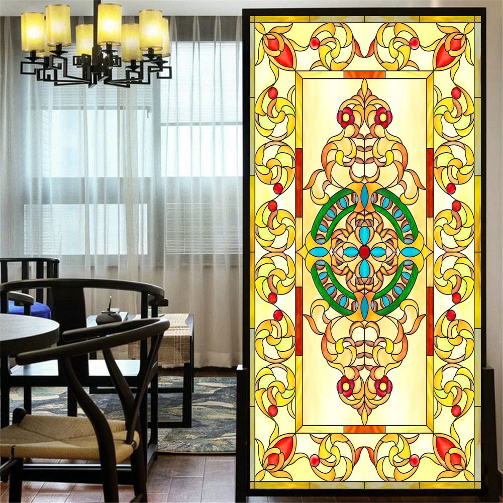 Privacy Windows Film European Style Stained Glass No Glue Static Cling Decorative Frosted Window Stickers 31.49''x63''(80x160cm), Pattern 9