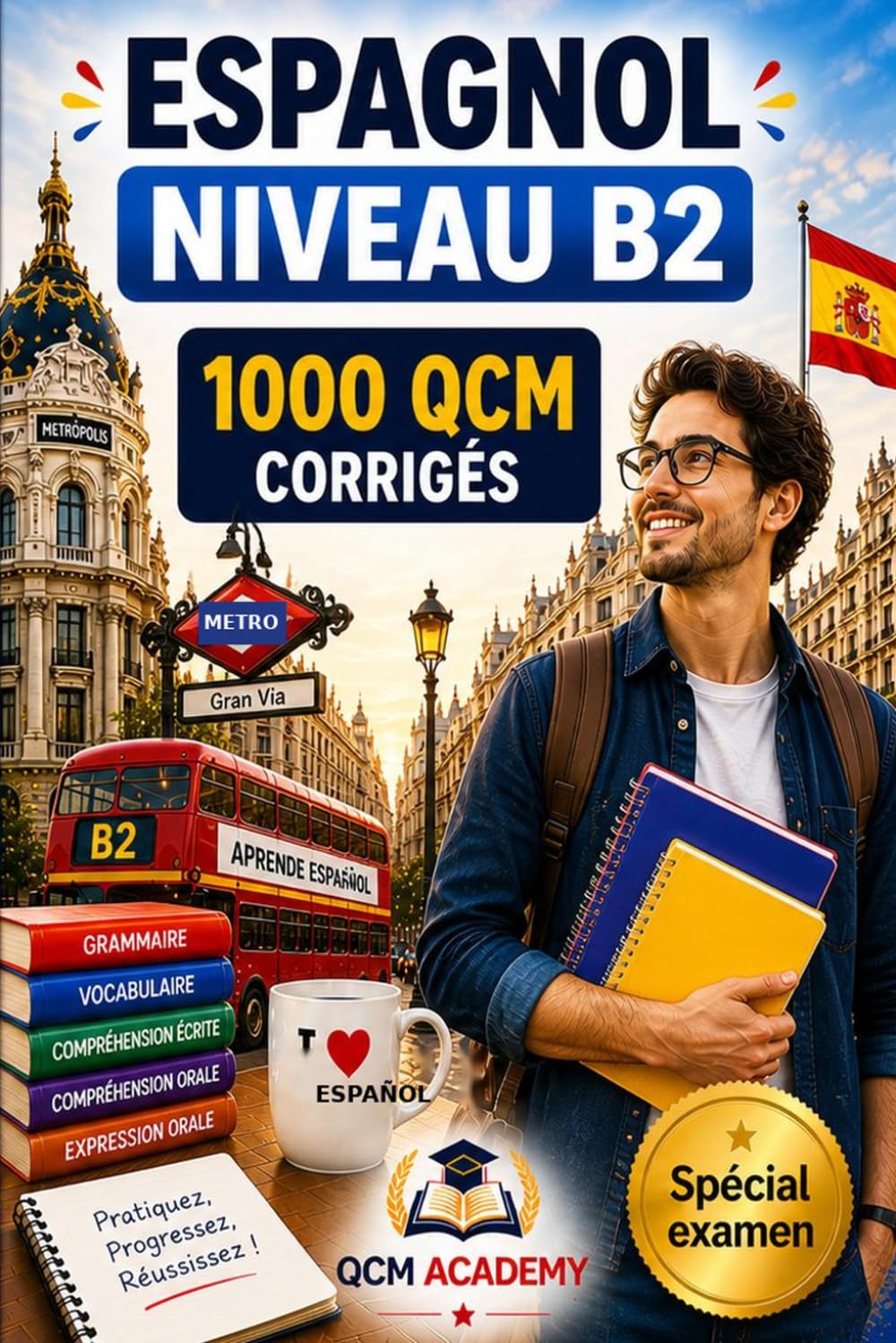 Espagnol Niveau B2: 1 000 QCM corrigés | Cahier d'entraînement pour perfectionner l'espagnol en autonomie | Vocabulaire, grammaire, conjugaison, orthographe | CECRL