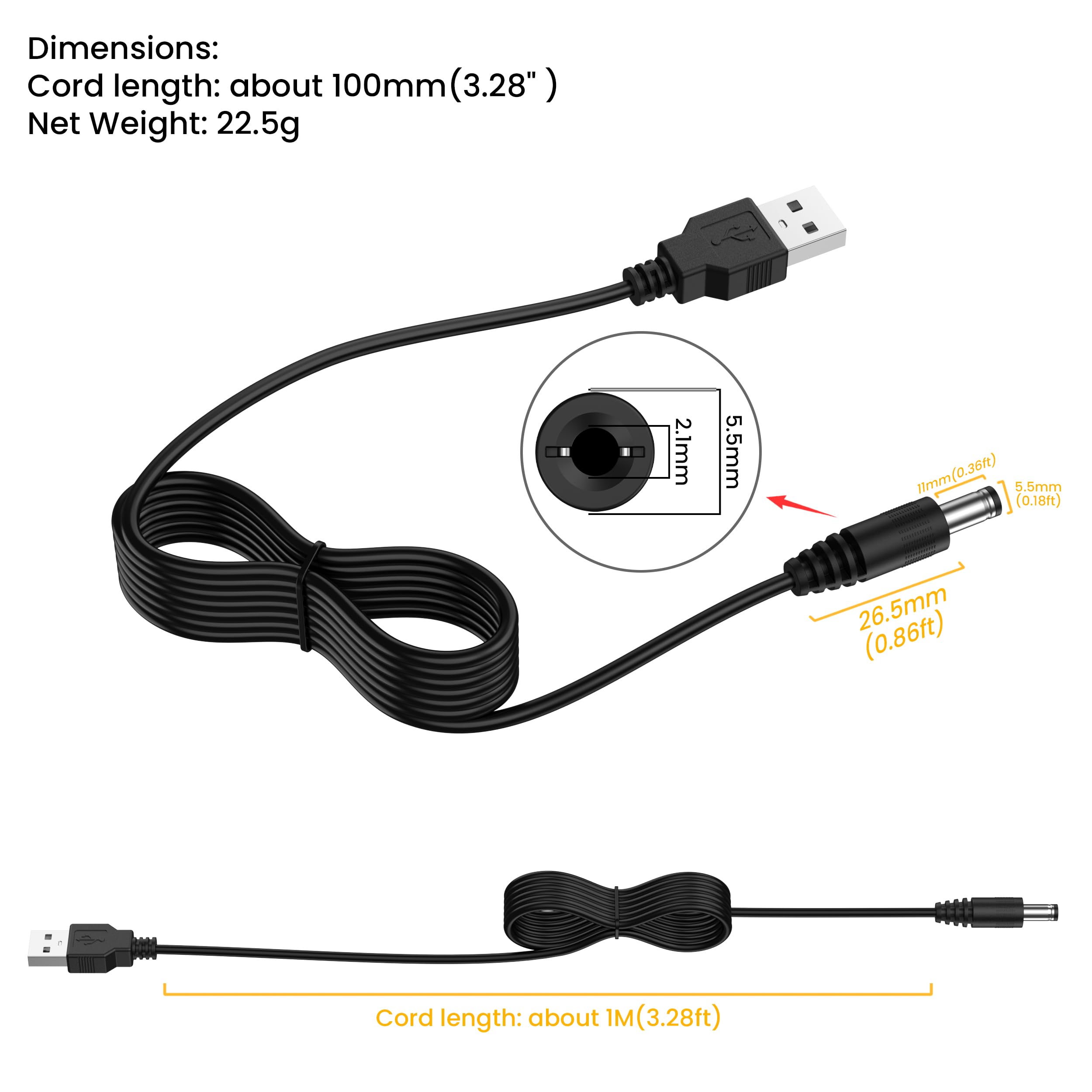 Mugust Kabel USB na DC, 8 w 1, USB A na wtyczkę drążoną, uniwersalny kabel do ładowania, kabel zasilający, kabel adaptera z 8 wtyczkami do routera, golarki, TV Box, Philips Hue Hub (5 V)