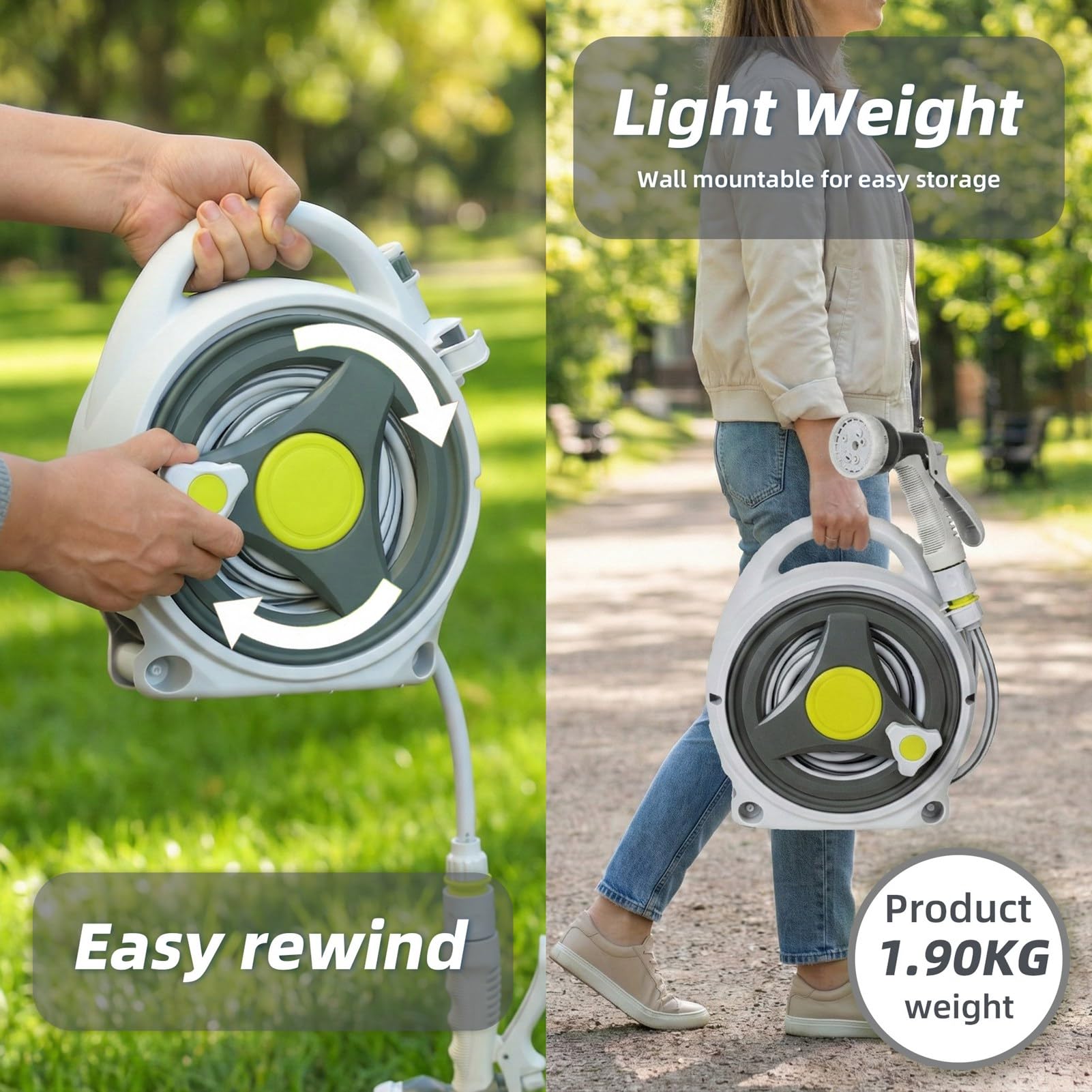 Carrete de Manguera de Jardín Portátil de 50 Pies, Bolsa de Almacenamiento de Manguera Ligera de ABS con Boquilla de 9 Patrones para Patio Pequeño, Balcón y Patio, Rebobinado
