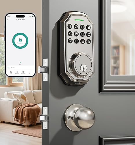 Cerradura de puerta de entrada sin llave con 2 perillas, cerrojo inteligente, control de aplicaciones, teclado de 100 códigos, código de acceso