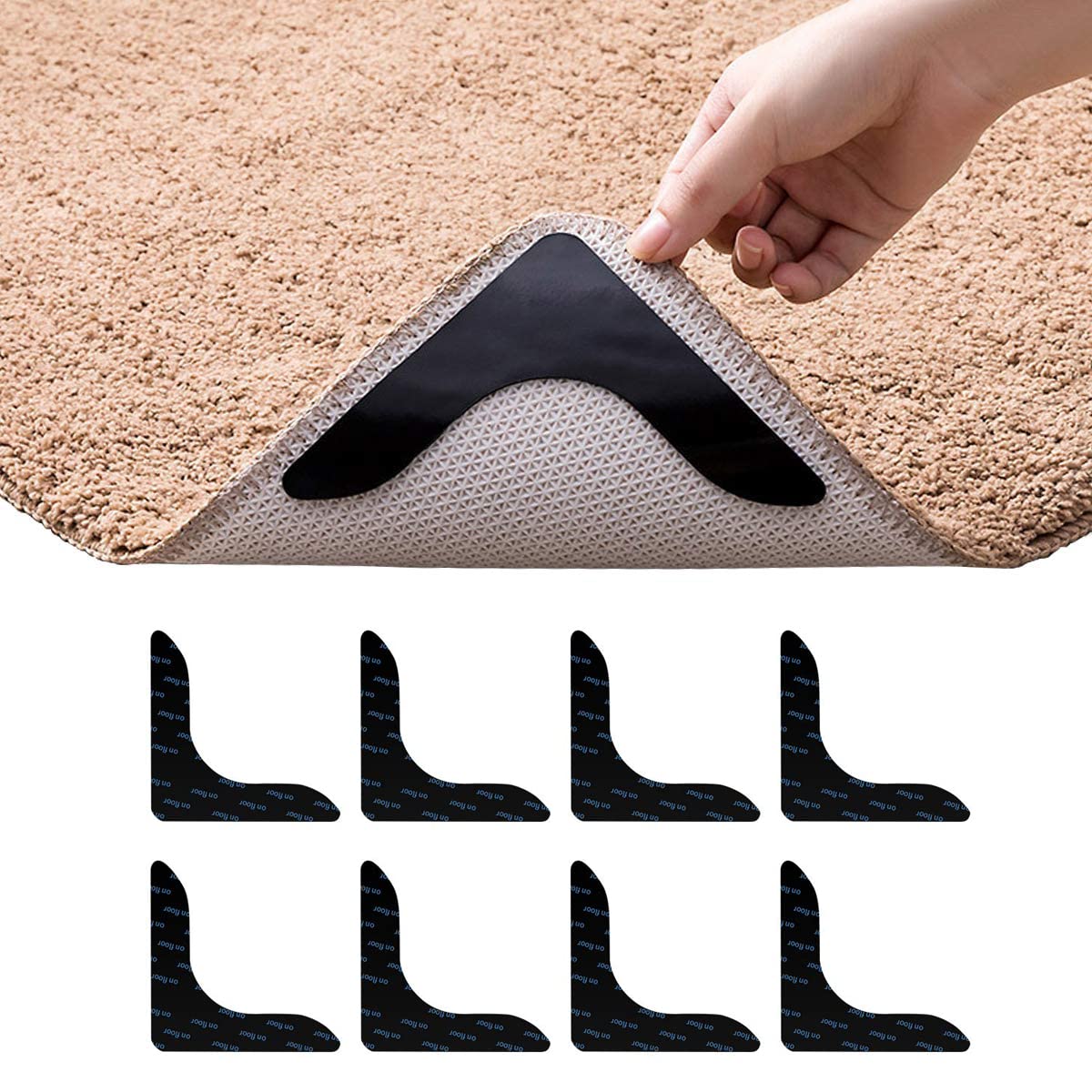 MAKINGTEC Rug Gripper Rug Tape Double Sided Anti Curling Non Slip Reusable Black Trapezoid Rug Pad for Hardwood Floors, Carpets, Floor Mats in Place & Make Corner Flat and Easily Peel Off (8 PCS)