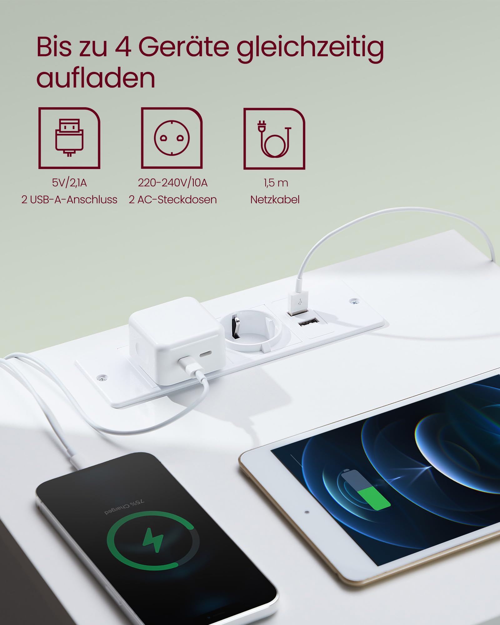 VASAGLE Kailyn Kollektion - Nachttisch mit Steckdosenleiste, Beistelltisch 2 Schubladen, 2 AC-Steckdosen, 2 USB-A-Anschlüsse, für Schlafzimmer, wolkenweiß LET621W02