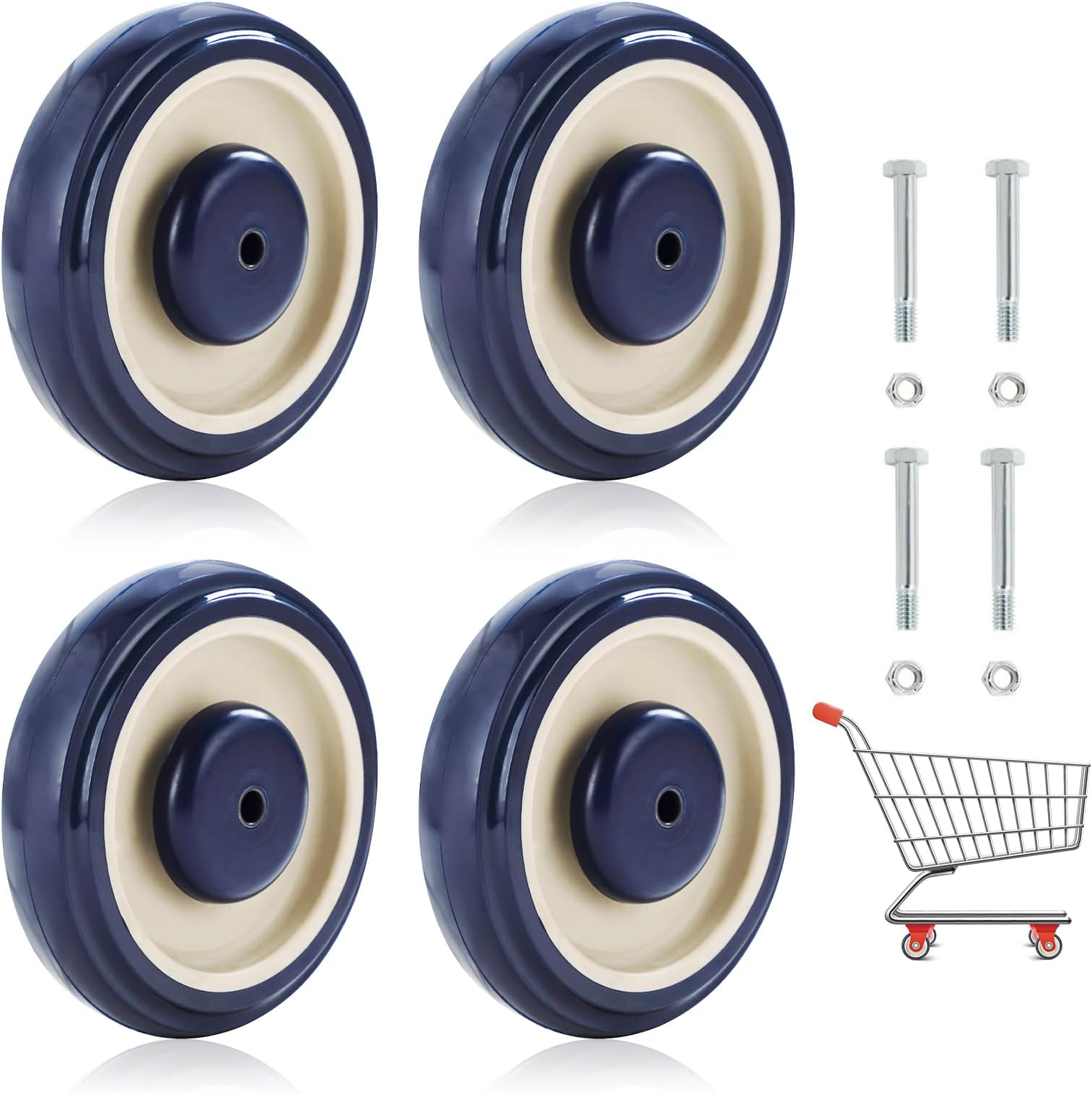 NATGAI 4 Pack Shopping Cart Replacement Wheels Kit, 5" Diameter 1.2" width 5/16“ Bore Noiseless Shopping Cart Wheels with Axles Bolts 4 sets, Total 1000 Lbs (Blue)