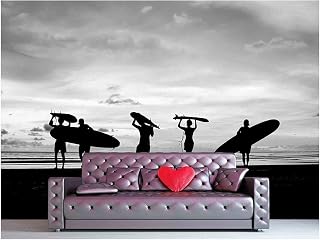 wall26 - Silhouette of Surfer People Carrying Their Surfboard on Sunset Beach, Black and White Color - Removable Wall Mural | Self-Adhesive Large Wallpaper - 66x96 inches