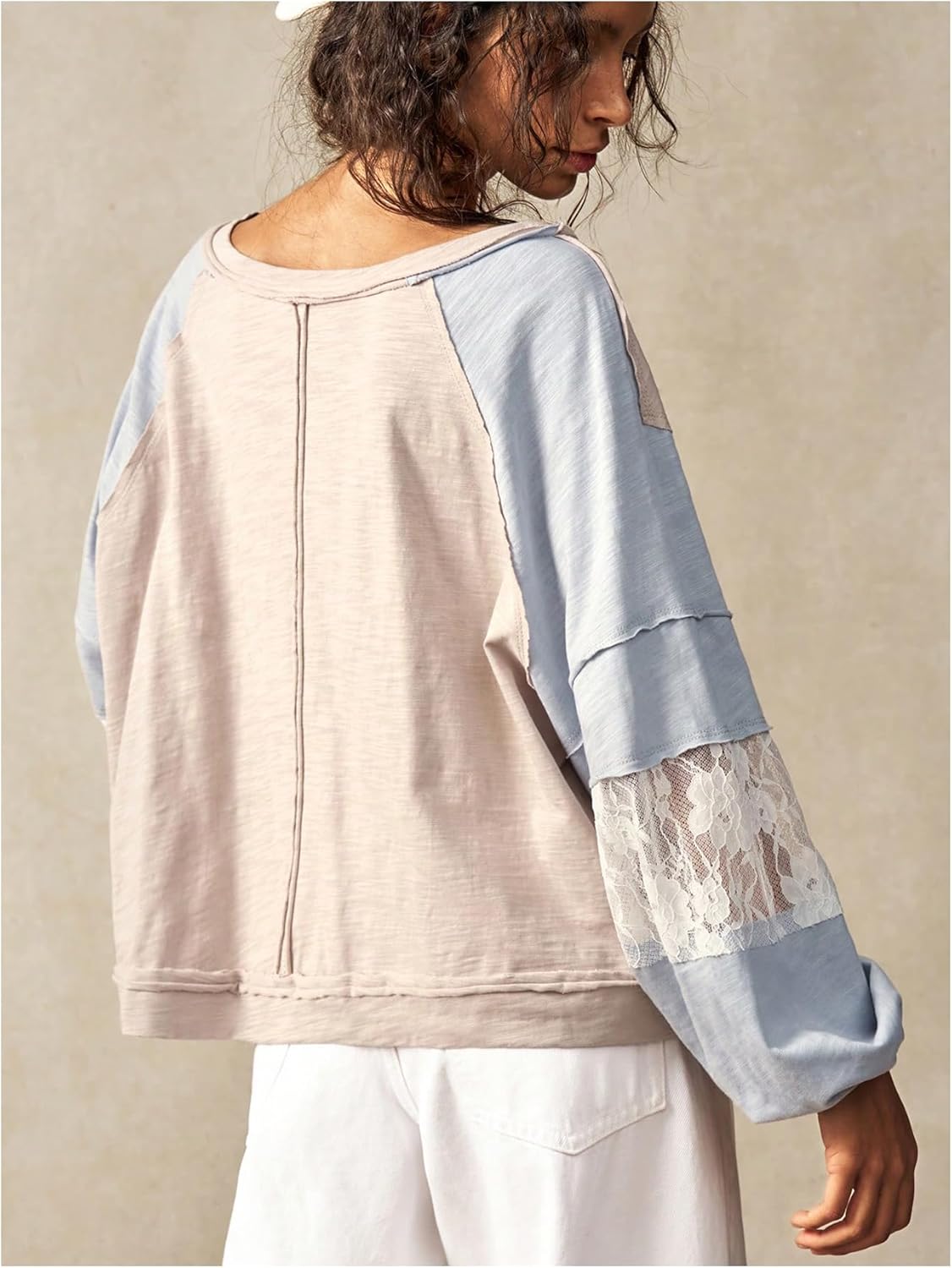 Women's Oversized Tshirts Lace Patchwork Color Block T Shirt Bishop Sleeve V Neck Tee Top - Image 2