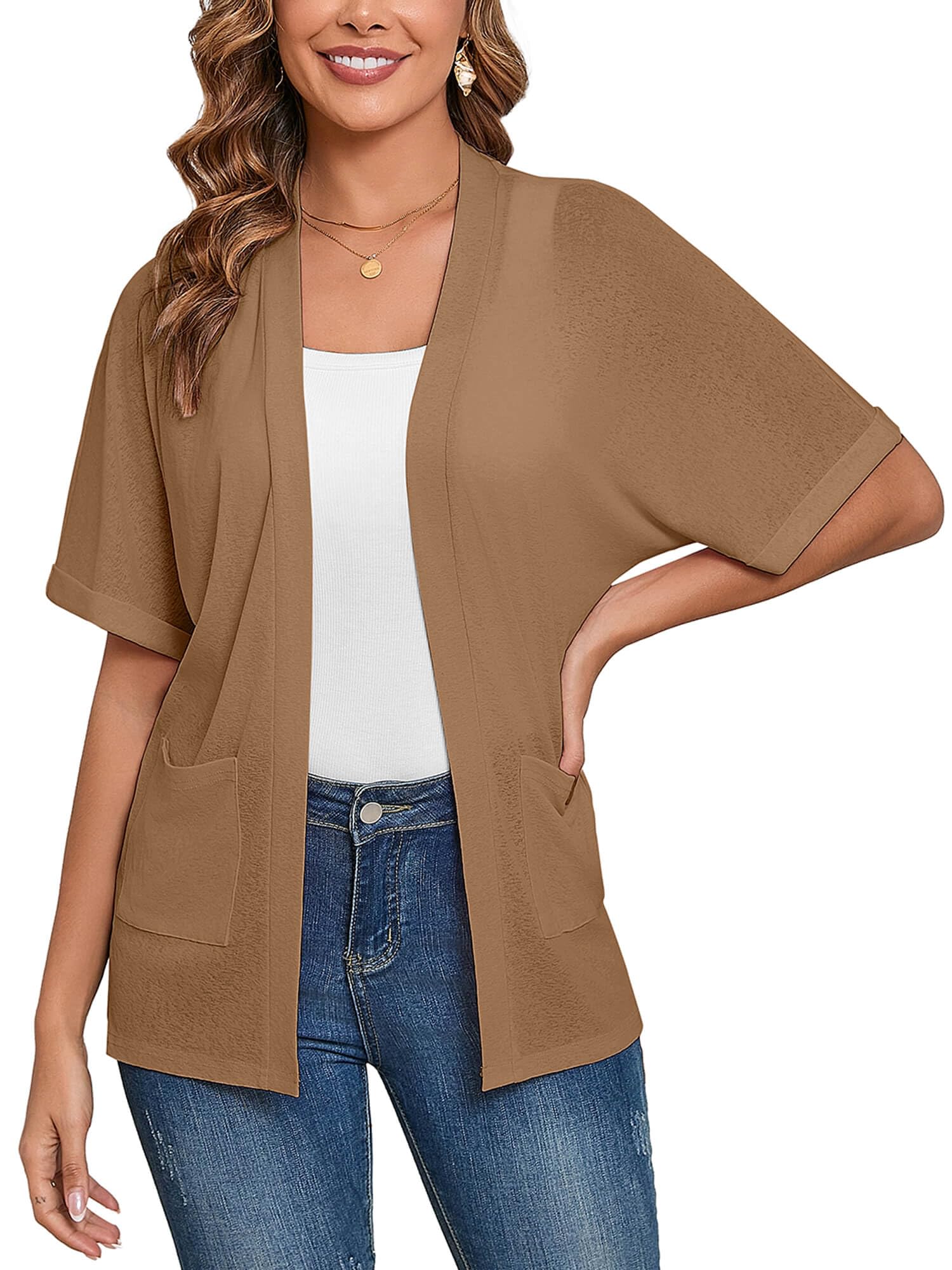 Women's Lightweight Open Front Cardigans Short Sleeve Casual Soft Knit Cardigan Sweaters with Pocket S-2XL