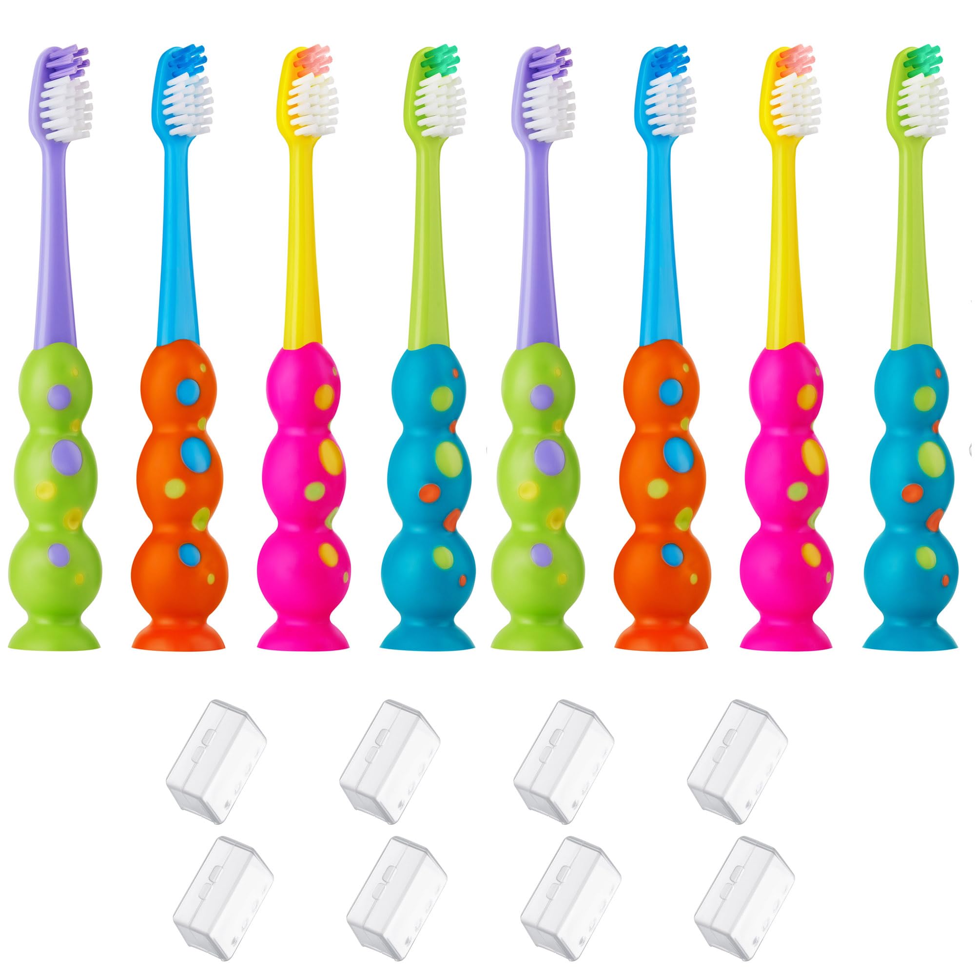 Trueocity Paquete de 8 cepillos de dientes para niños, cerdas suaves contorneadas, cabezales de cepillo de tamaño infantil (3 a 10 años), ventosa para un almacenamiento divertido y fácil, juego para