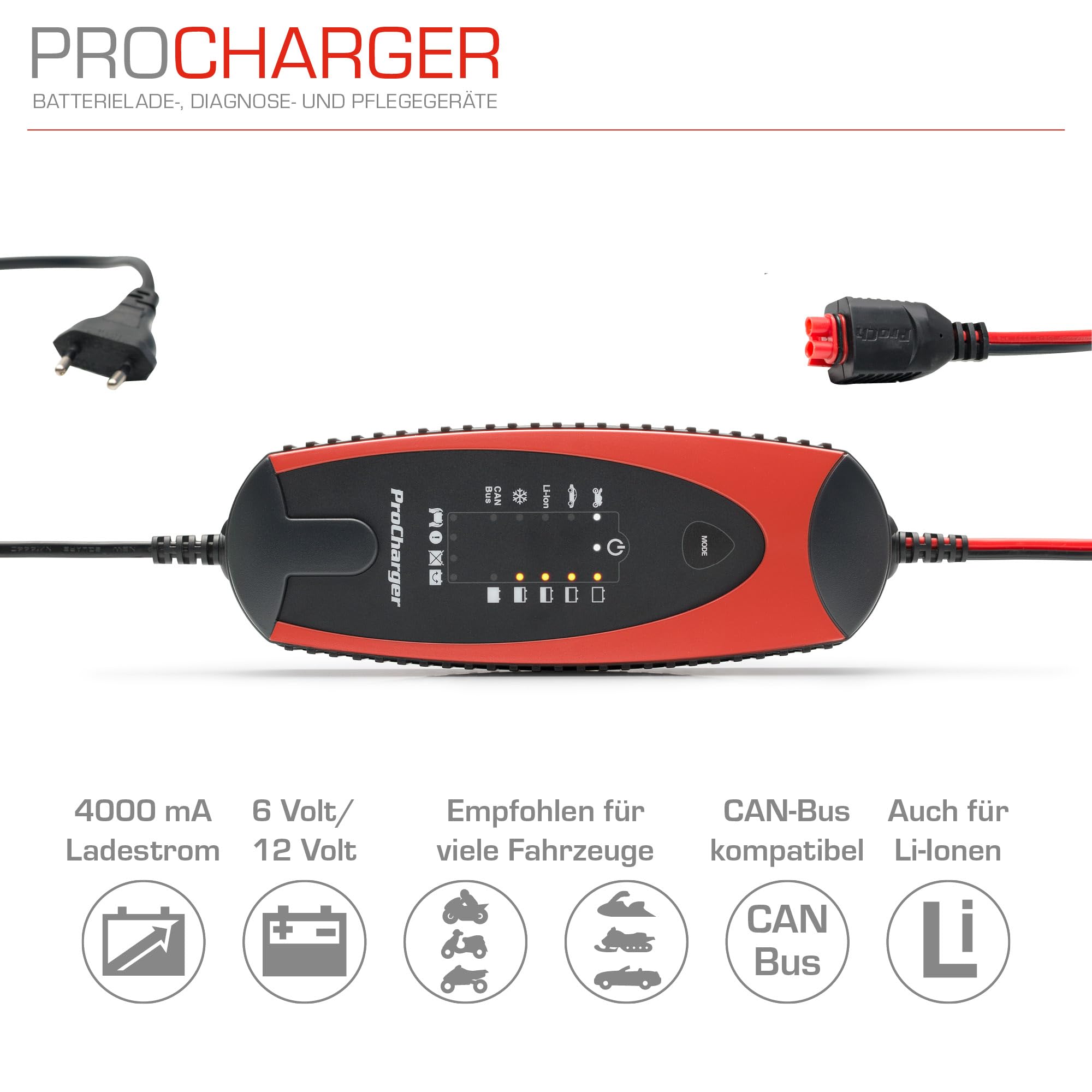 ProCharger 4.000 Diagnose- & Ladegerät Motorradbatterie & Auto, CAN Bus Fähig, Lithium Geeignet, Batterie Erhaltungsladegerät 12V 4.000mA, Automatische Ladestromanpassung