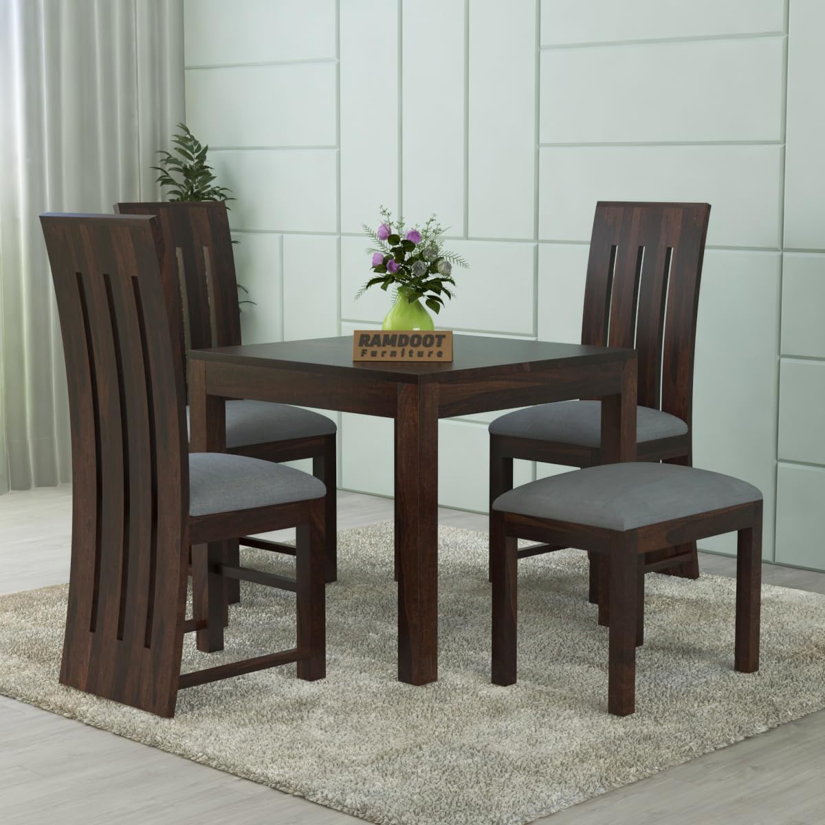 Sheesham Wood 4 Seater Dining Table Set with Cushioned Chairs & Bench | Wooden Dining Table & 3 Upholstered Chairs for Dining Room, Kitchen & Apartment | Modern Space Saving Furniture | Walnut Finish-image-25