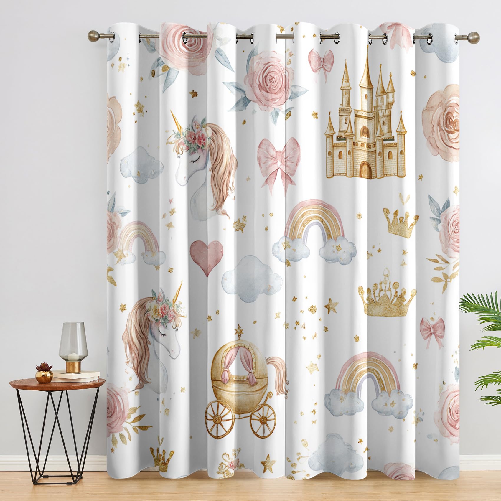 Generisch Prinzessin Vorhänge Blickdicht Gardinen mit Ösen, Mädchen Regenbogen Einhorn Deko Muster Wohnzimmer Schlafzimmer Fenster Verdunklungsvorhänge, H 160 x B 140 cm 2er Set Rc3636