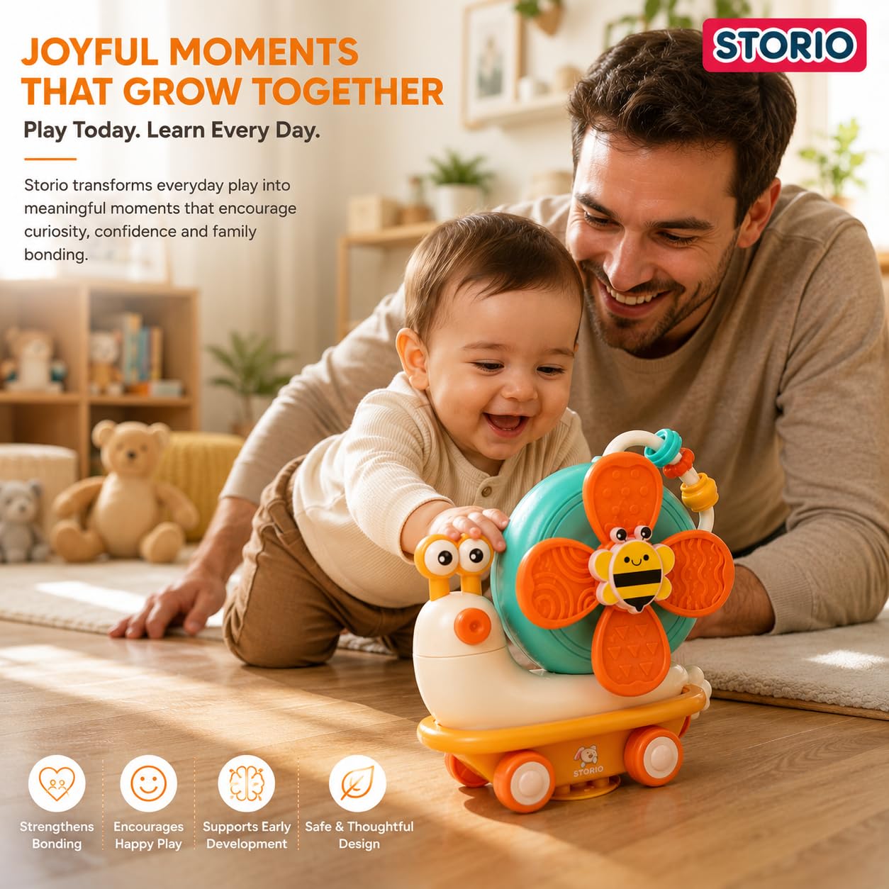 Storio 5-in-1 Baby Suction Spinner Toy, Interactive Learning Set with Rattle and Sensory Play, for 6+ Months Kids - Orange & Cream — Amazon image 8